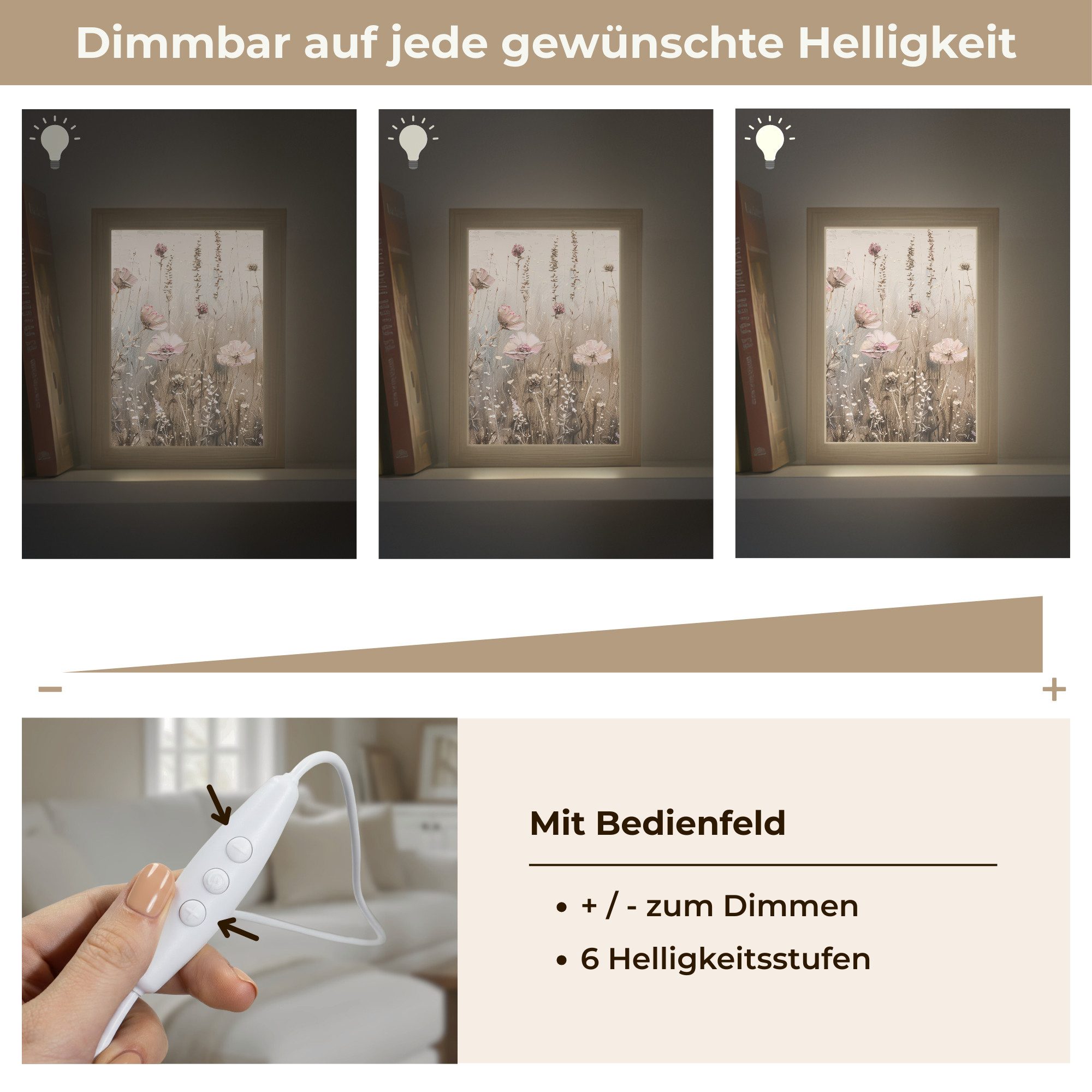 OnlyWow Wandleuchte Lightbox Blumen - Rosa - Modern - Beige, Dimmbar, Farbwechsel, LED, Warmweiß, Kaltweiß, Neutralweiß Einstellbar, Wandlampe Innen, Dimmbar, mit Kabel, LED, Beleuchtung, Wohnzimmer
