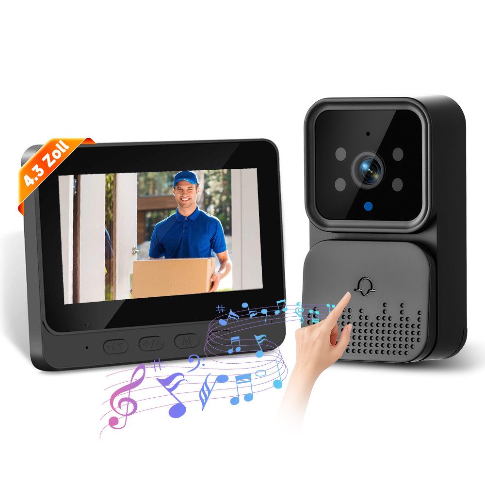 PODOFO Video-Türsprechanlage Video-Türsprechanlage Monitor Drahtlose Türklingel Kamera HD-Türkamera (2.4G,Nachtsichtfunktion,4,3-Zoll-IPS-Bildschirm)