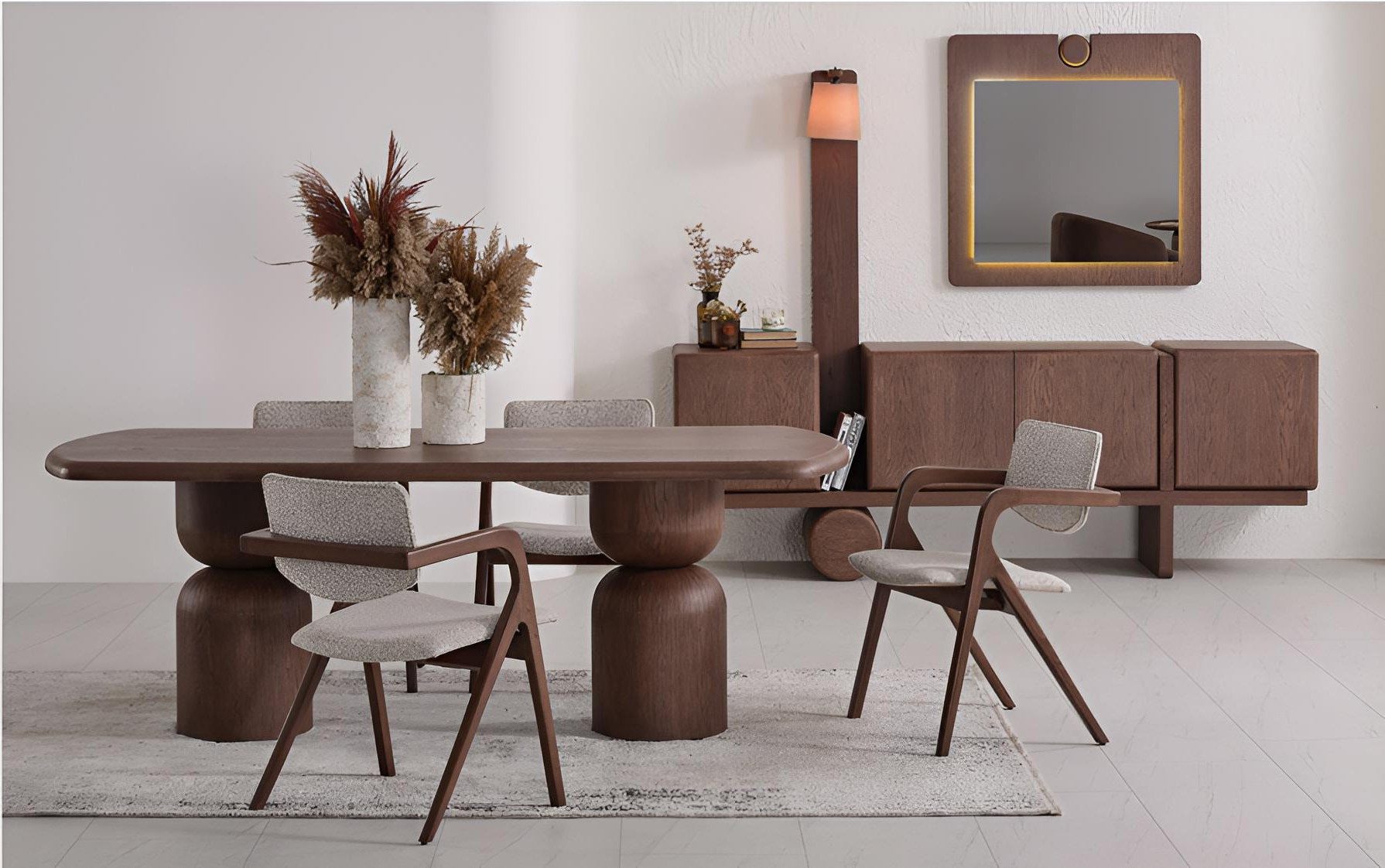 Xlmoebel Essgruppe Essgruppe von XLMOEBEL in modernem Design aus Holzwerkstoff, (Essgruppe, 7-tlg., Tisch + 4 Stühle + Sideboard + Spiegel), Made in Europa