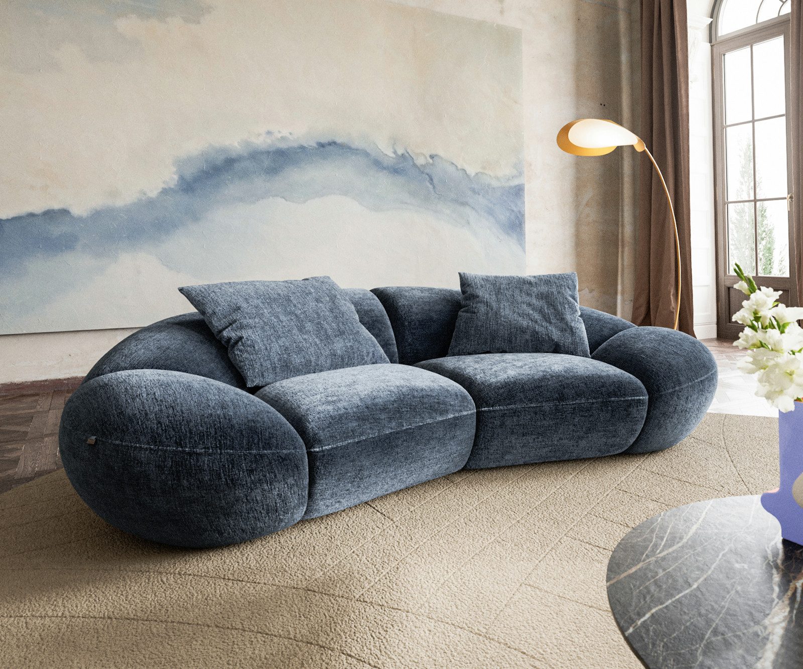 DELIFE Lunna, Chenille Blau 280x170 cm 2 Kissen