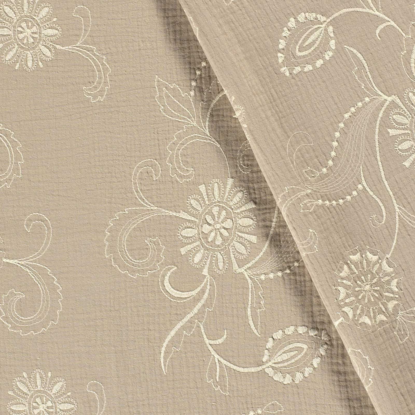 Thumbnail - maDDma Stoff Musselin-Stoff floral bestickt ab 50x130cm uni Windeltuch Mulltuch, 052 - beige