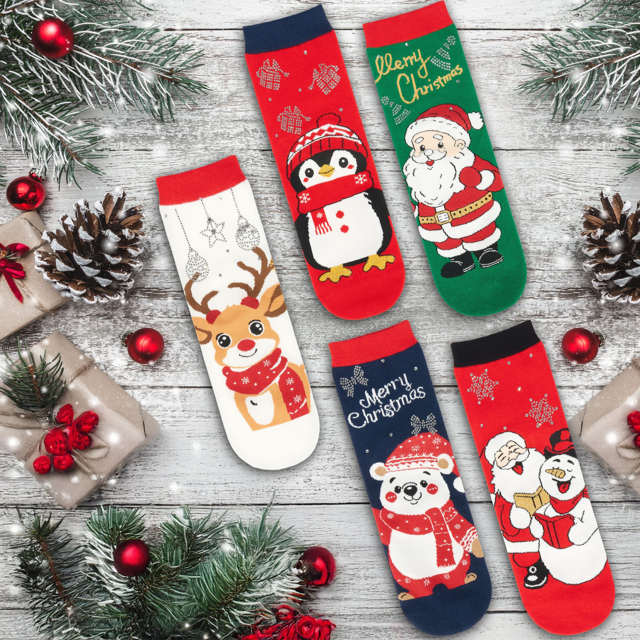 BRUBAKER Socken Damen Weihnachtssocken - Weihnachtsmann, Schneemann, Pinguin & Bär (Geschenkset für Frauen, 5-Paar, Lustige Socken für Nikolaus & Weihnachten) Buntes Winter Sockenset mit Baumwolle