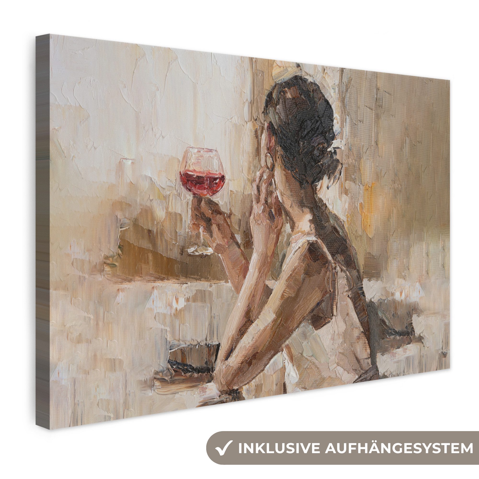OneMillionCanvasses® Leinwandbild Kunstdrucke - Ölfarbe - Frau - Wein, Fotodruck (1 St), Leinwand Bilder Klein, Wand Dekoration Aesthetic 30x20 cm