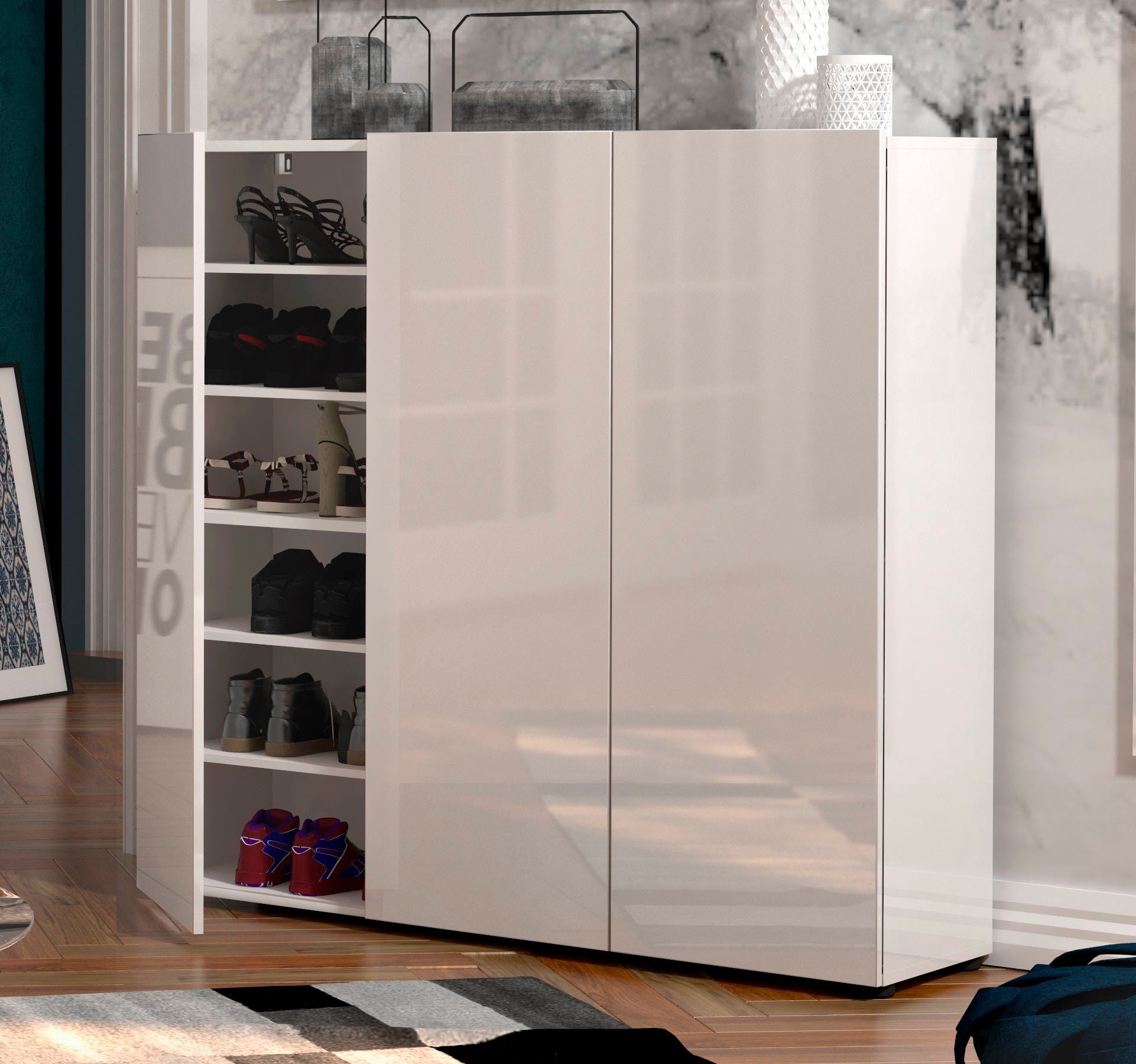 Home affaire Schuhschrank MISTER- Schuhregal, Made in Italy, 12 Fächer, 10 Einlegeböden Breite 120 cm, höhe 114 cm, komplett Hochglanz lackiert – Bild 5 von 5