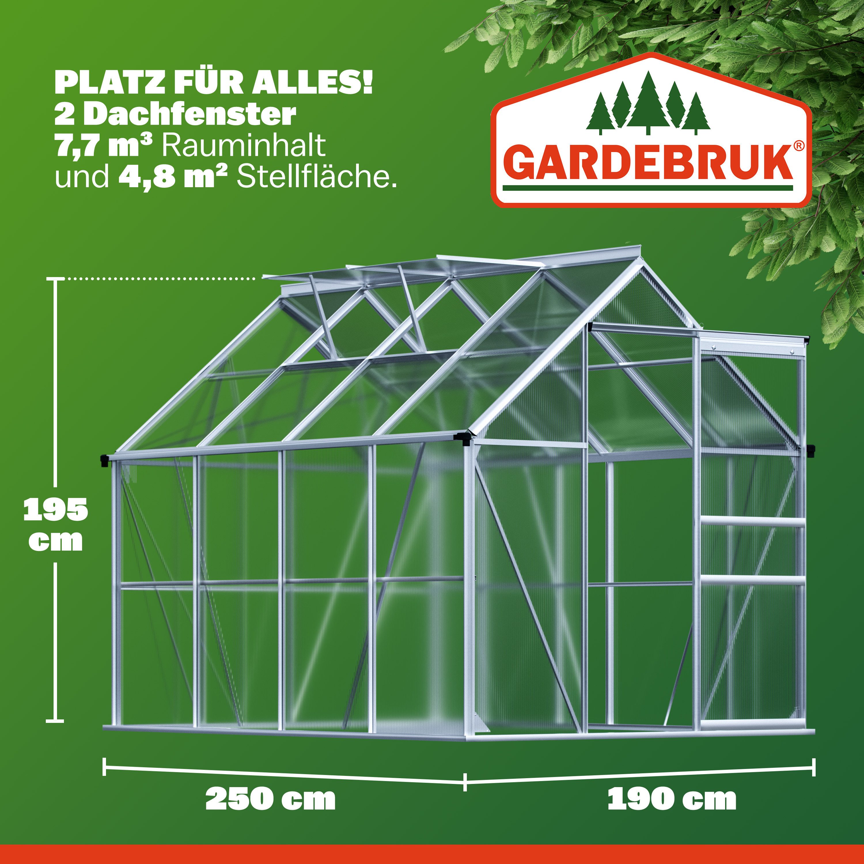 Gardebruk Gewächshaus, Aluminium 4,8m² 250x190cm inkl. 2 Dachfenster Treibhaus Garten