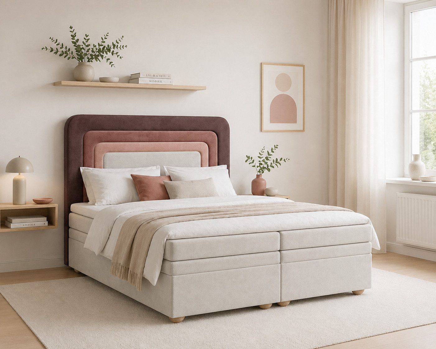 MOEBLO Boxbett NEST (Erdtöne Bett in neutralen Farben, regenbogenförmige abgerundete Kopfstütze, mit Bettkasten, Samt, Velour, Bonell + Topper, Doppelbett Taupe Beige), (BxHxT): 143 / 163 / 183 x 125 x 214 cm