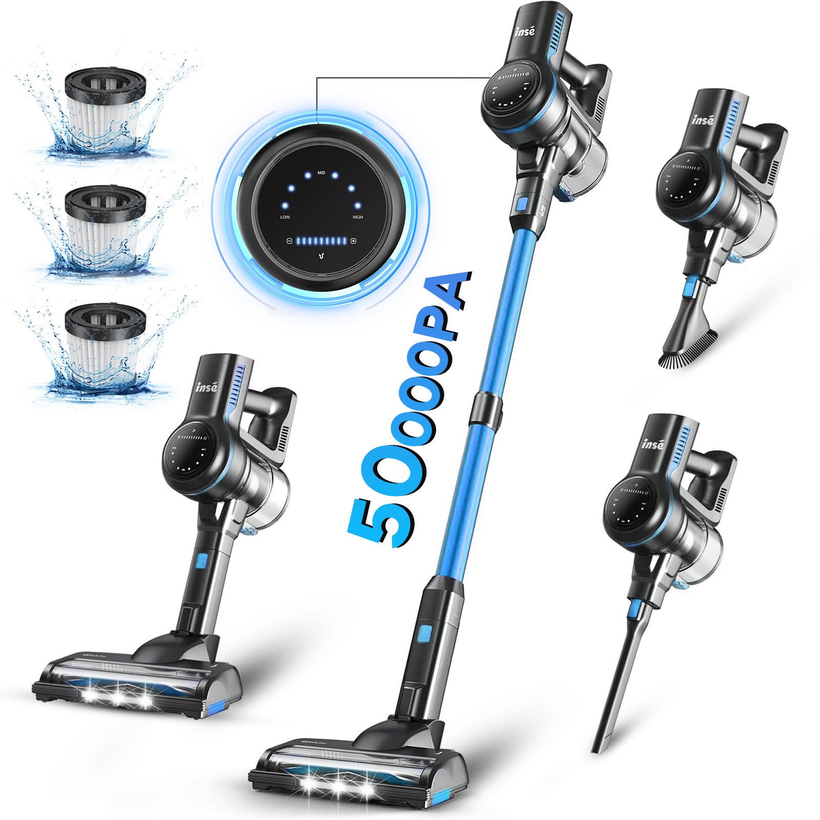 INSE Akku-Hand-und Stielstaubsauger 50000Pa,AkkuStaubsauger 60 Minuten, 1.2L,3 HEPA Filter Akkusauger, Akku Staubsauger, LED-Anzeige,3 Saugstufen,Handstaubsauger Kabelloser