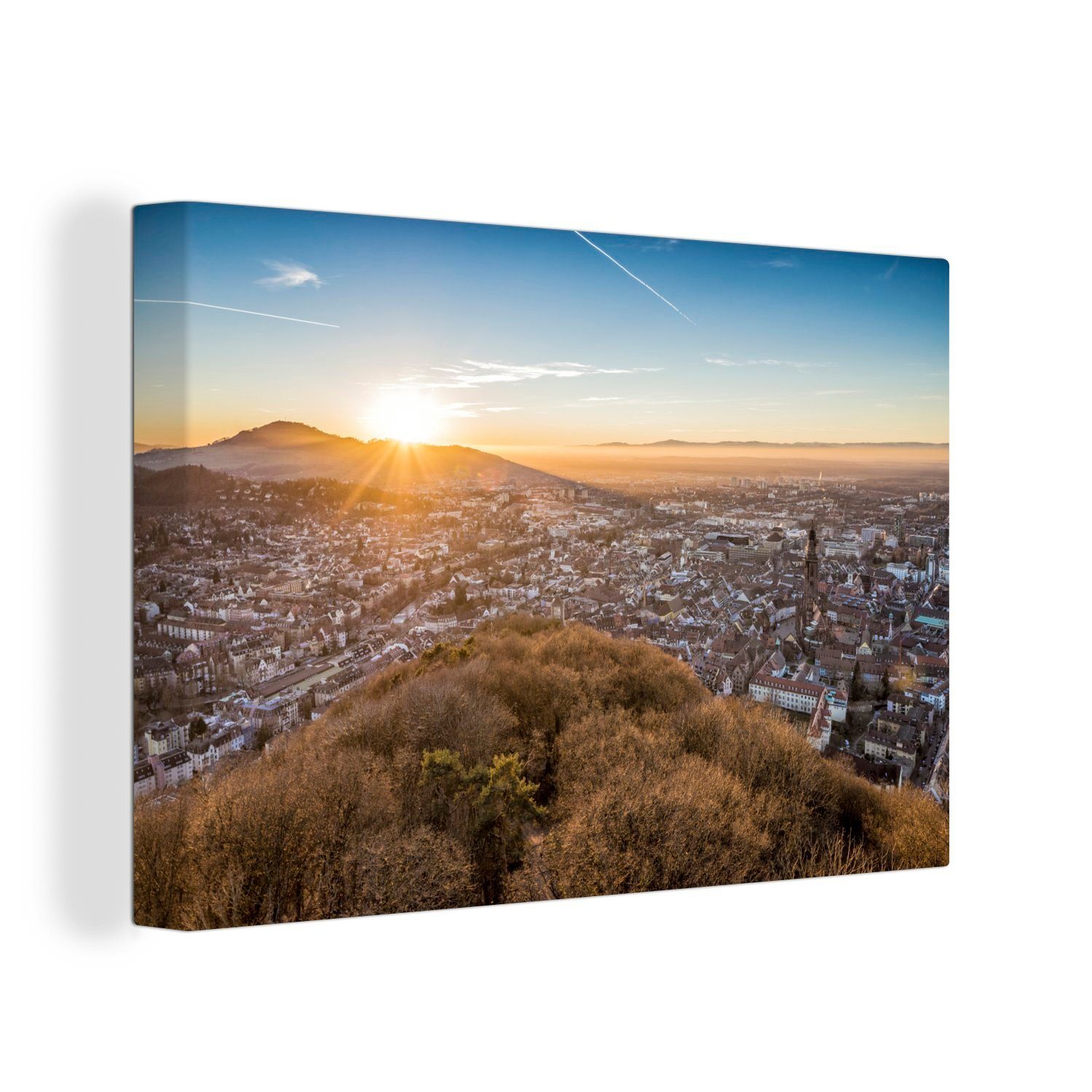 OneMillionCanvasses® Leinwandbild Sonnenaufgang in der deutschen Stadt Freiburg, (1 St), Wandbild Leinwandbilder, Aufhängefertig, Wanddeko, 30x20 cm