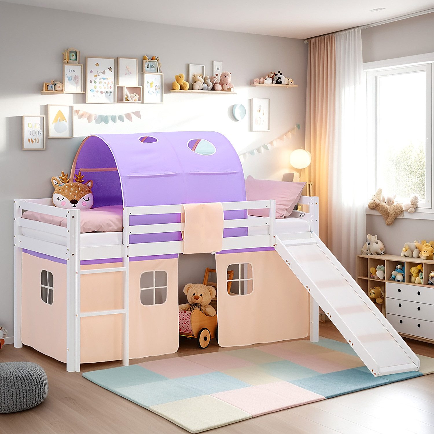 Homestyle4u Hochbett Kinderbett 90x200 Spielbett Holz Kiefer Mädchen Weiß Lila Vorhang (Set, mit Lattenrost, Rutsche und Tunnel) mit Rausfallschutz, Mädchen Spielbett