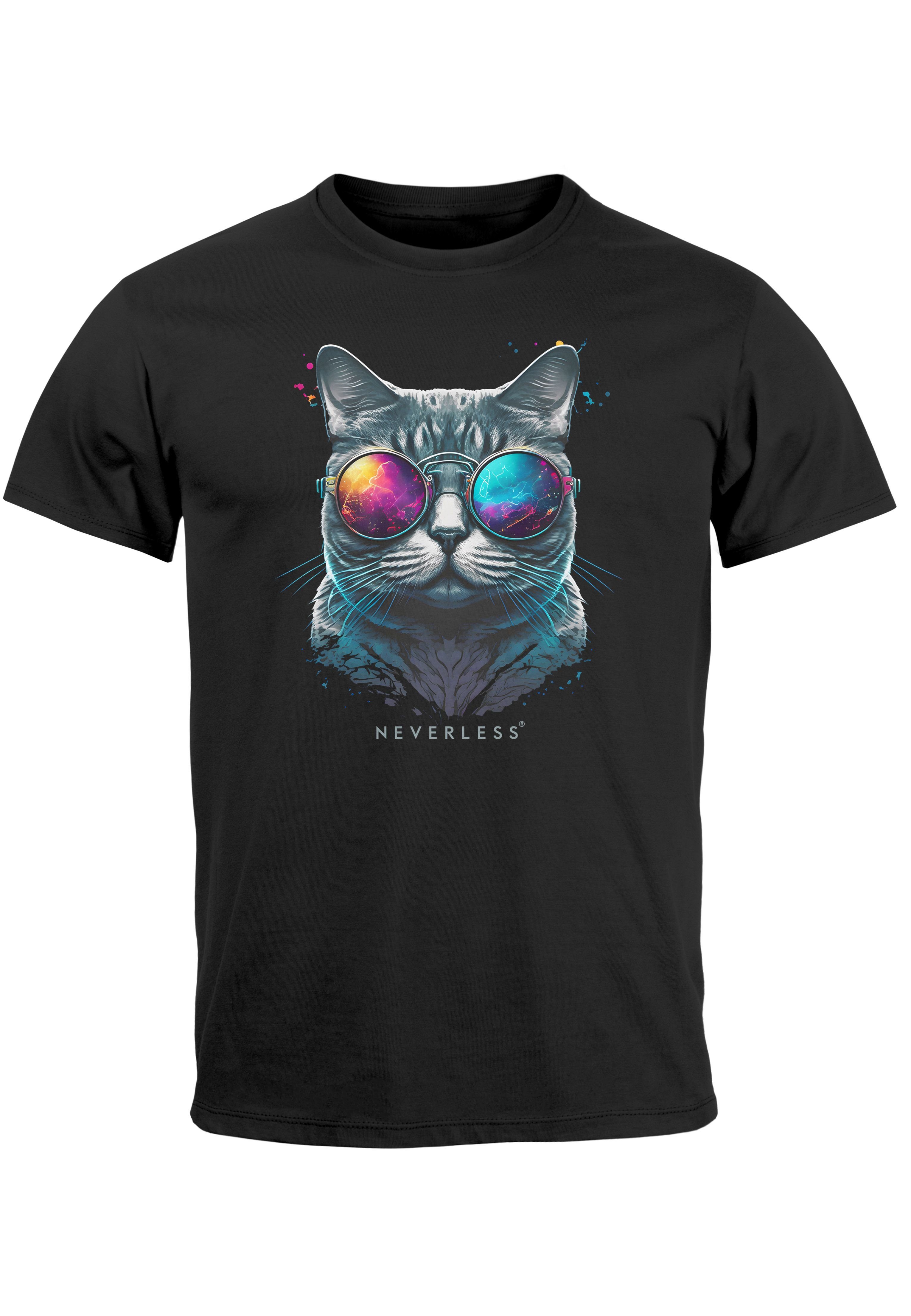 Neverless Print-Shirt Herren T-Shirt Aufdruck Katze Cat Sommer Sonnenbrille Style Fashion Pr mit Print schwarz
