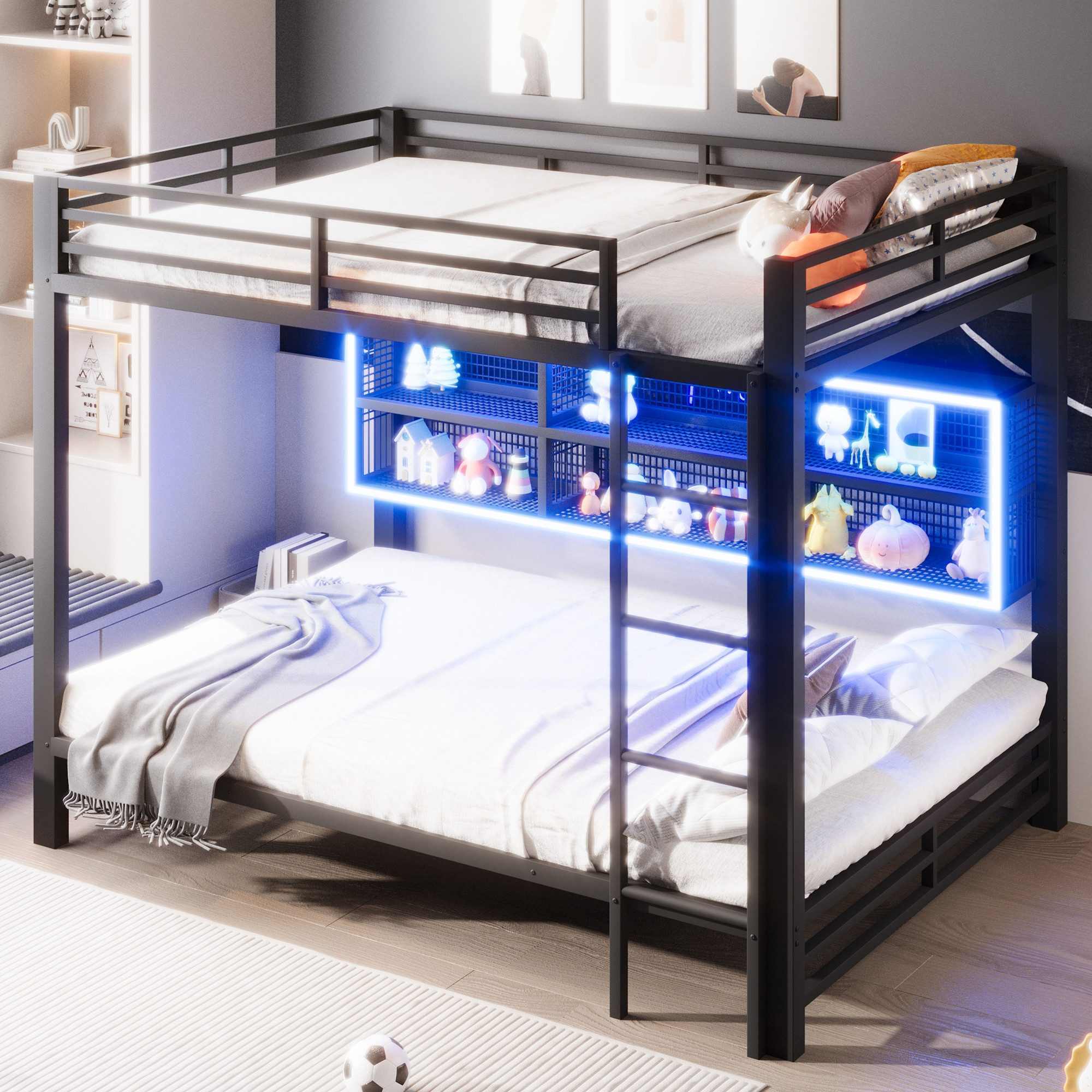 Merax Etagenbett 140x200cm mit LED-Beleuchtung (204 x 146 x 160 cm, 1-St., Jugendbett Stockbett Doppelbett), Metallbett Kinderbett mit 6 Stauraumschränken, Leiter, Zaun & Stauraum