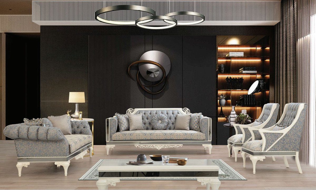 Casa Padrino Sofa Luxus Barock - / - Prunkvolles Barock Sofa / dekorativen Weiß mit Beige Wohnzimmer Wohnzimmer Kissen Sofa Grau Möbel