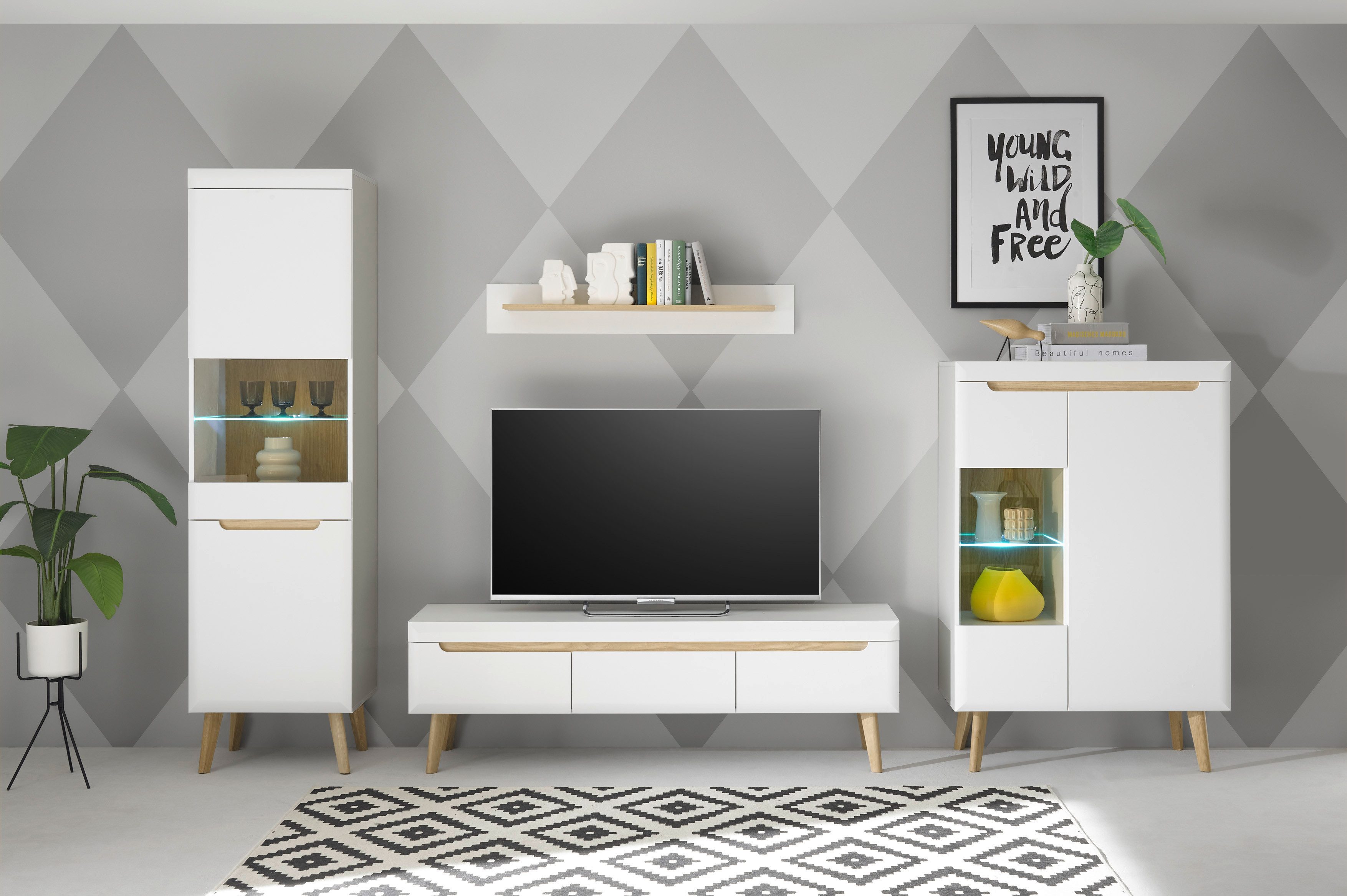 INOSIGN Wohnwand Torge, Anbauwand, Schrankwand, Mediawand, Wohnzimmer-Set, (Set, 4-St), enthält 2 Vitrinen, 1 Lowboard, 1 Wandboard, 343 cm breit