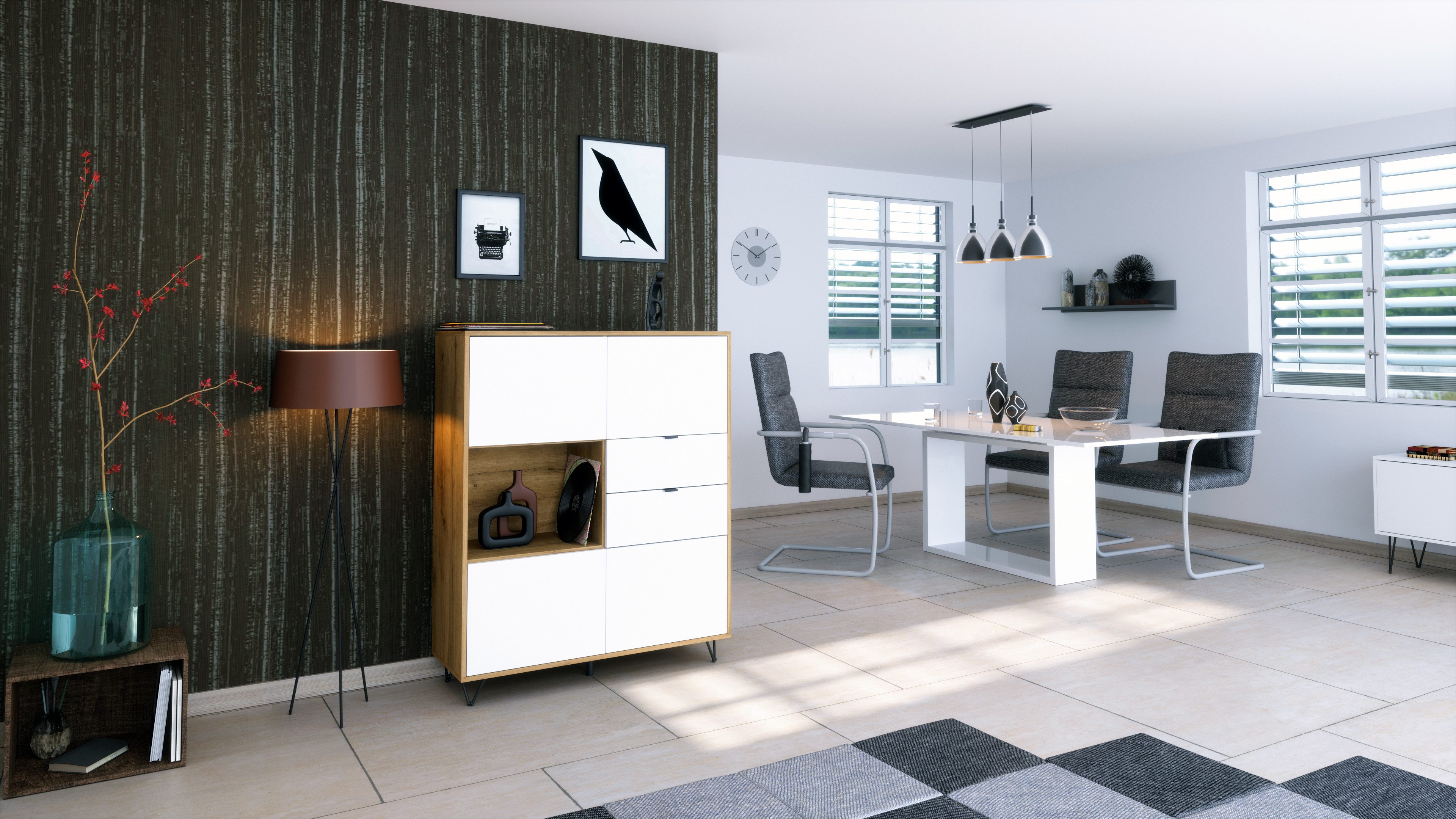 Vladon Highboard Marino (Highboard mit 4 Tür Weiß matt, 2 Schubladen Weiß matt, inkl. LED, Made in Germany), Korpus Eiche Evoke (103 x 125,5 x 37 cm)