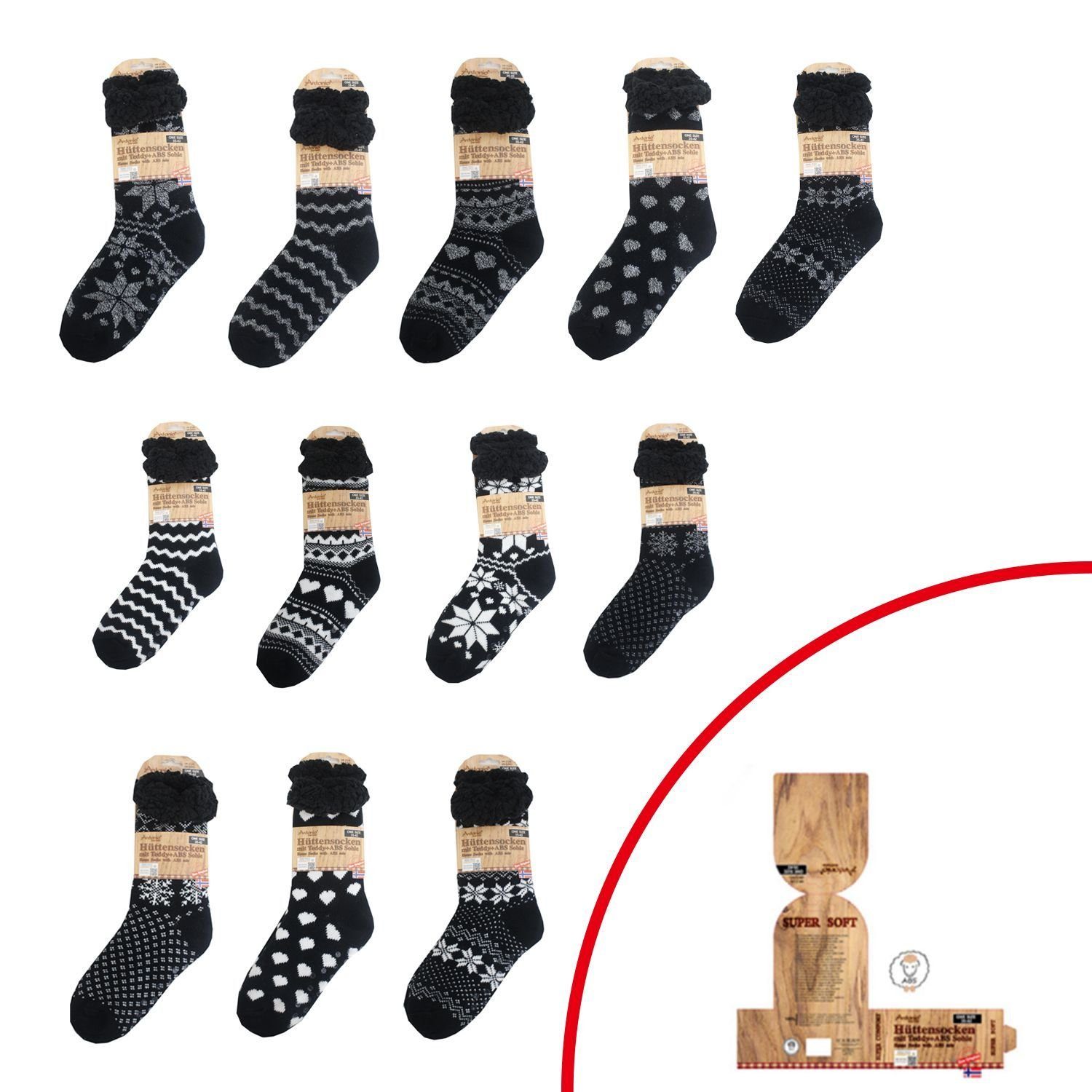 Sohle schwarz/weiß Gumminoppen Pack) Paar, 1er Antonio ABS-Socken mit Kuschelsocken ABS (1 Rutschfeste 1-Paar,