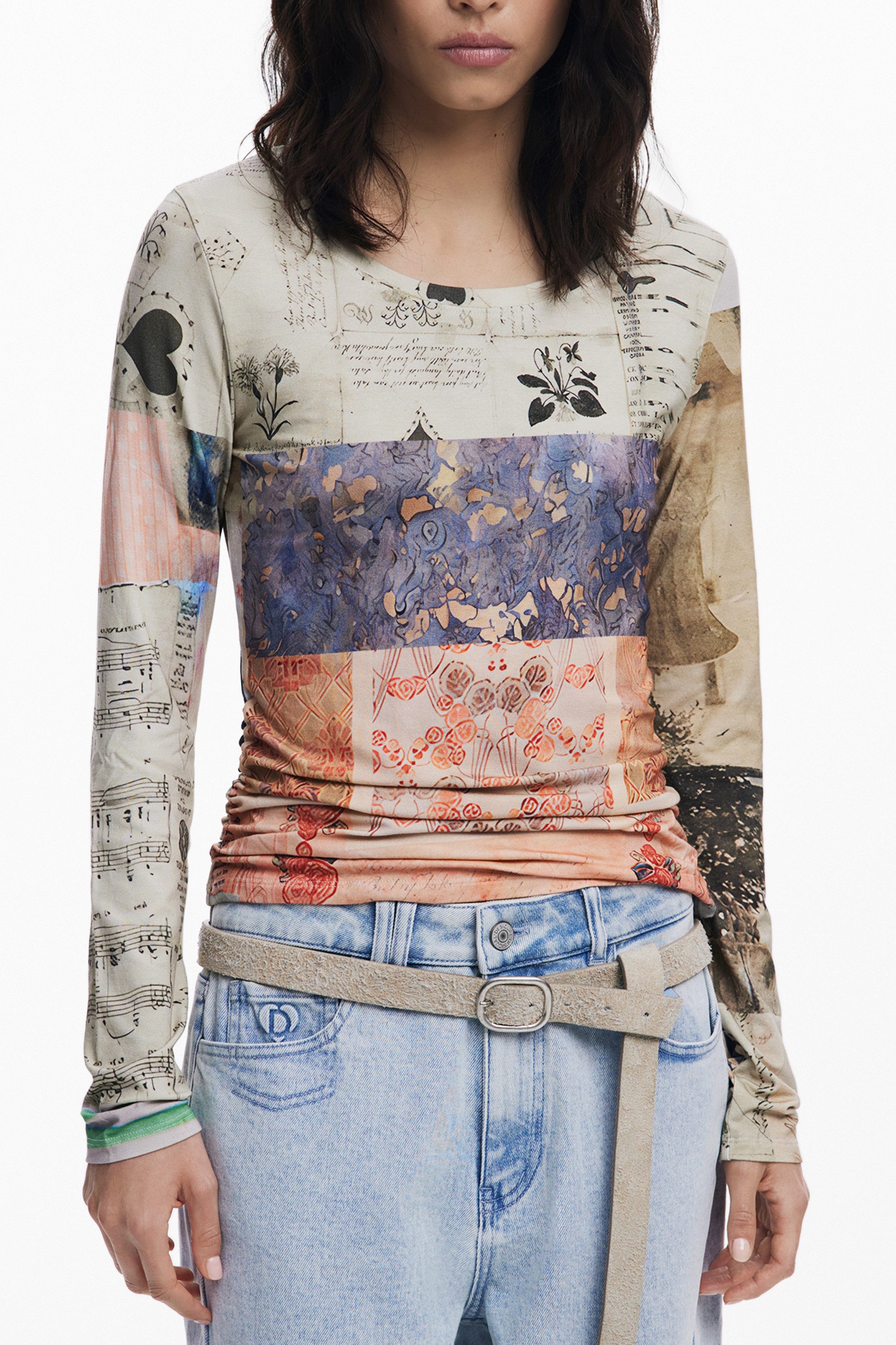 Desigual T-Shirt Stylisches Langarmshirt Damen Beige mit Muster und günstig online kaufen