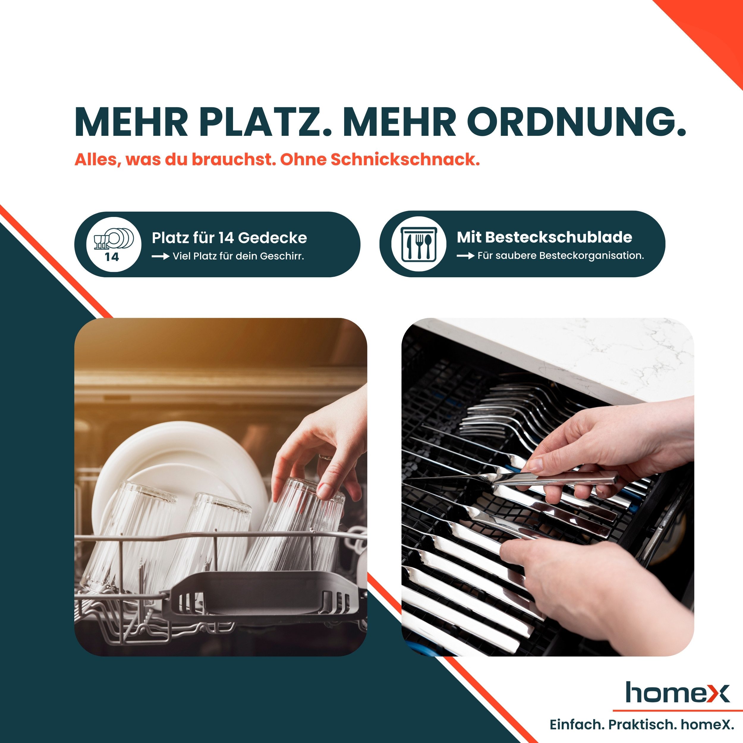 homeX teilintegrierbarer Geschirrspüler DWSI601444C, 10 l, 14 Maßgedecke, Einbau Spülmaschine teilintegriert 60 cm, 14 Gedecke, AquaStop, 44 dB