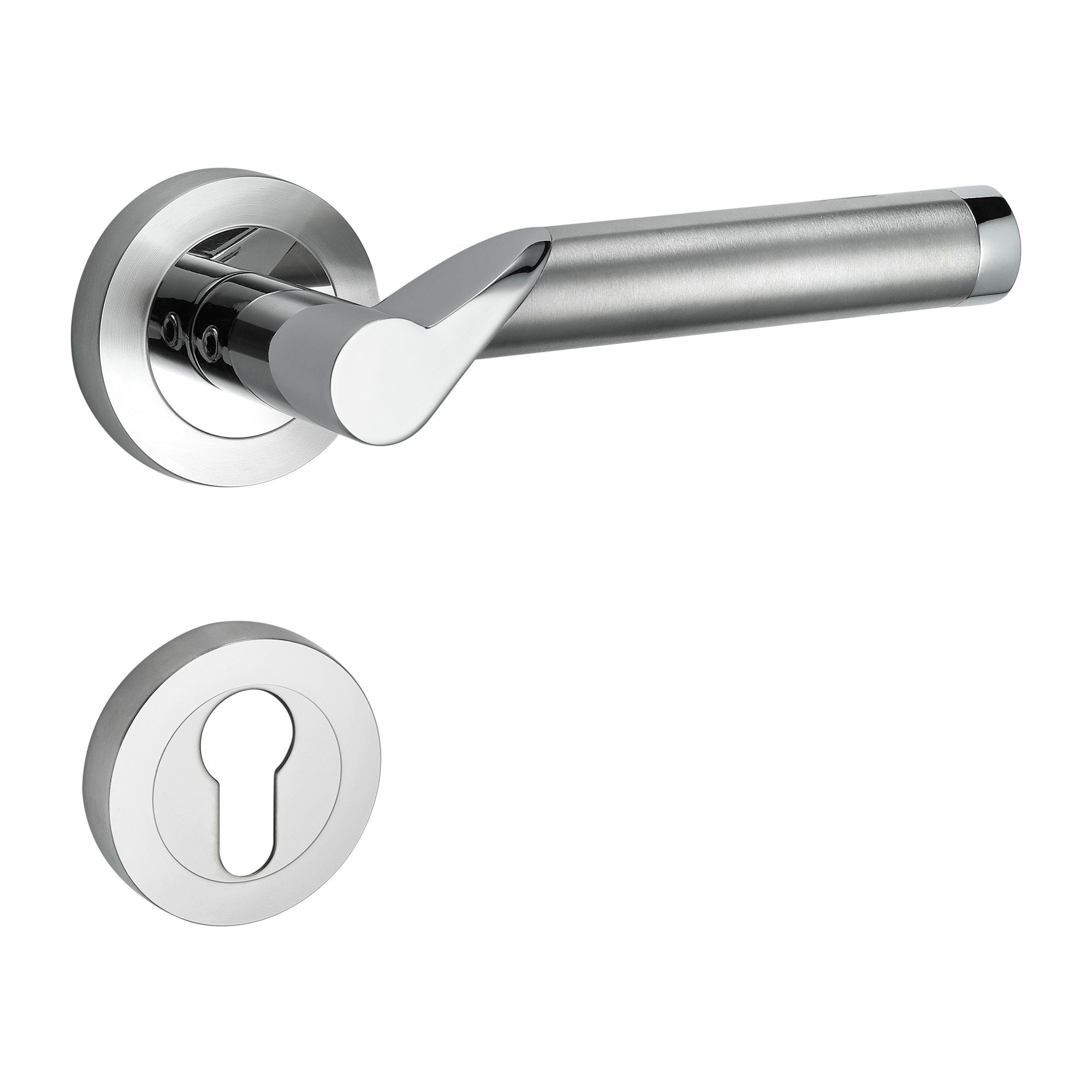Türbeschläge24 Drückergarnitur Drückergarnitur Lightning, Schraubrosettenoptik, festdrehbar gelagert, Bicolor Chrom/Edelstahl matt