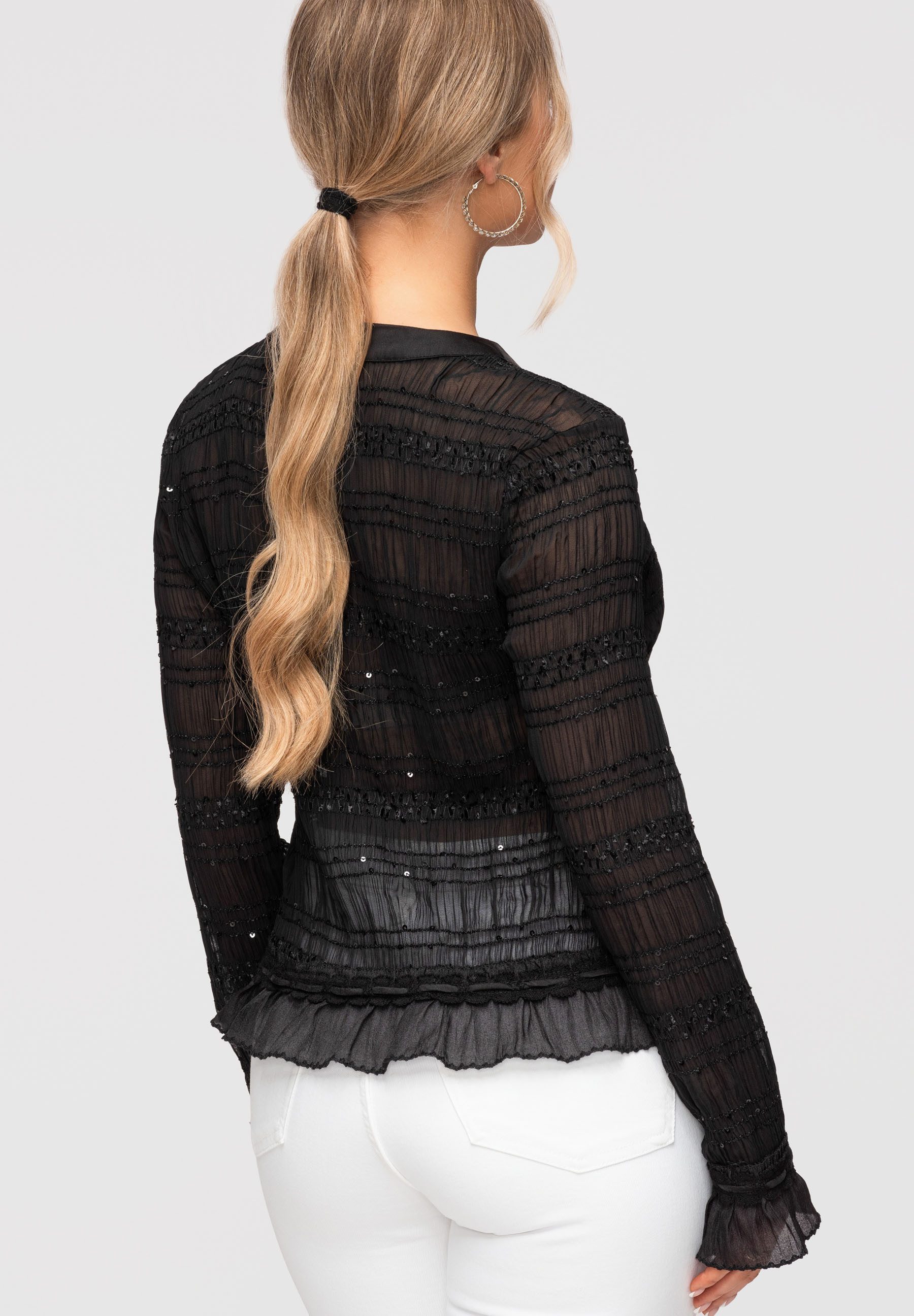 OMBRE Langarmbluse Damen Bluse Langarm Elegant Chiffon Schwarz S/M (kein Set, 1-tlg) Strukturiertes Gewebe, halbdurchsichtig