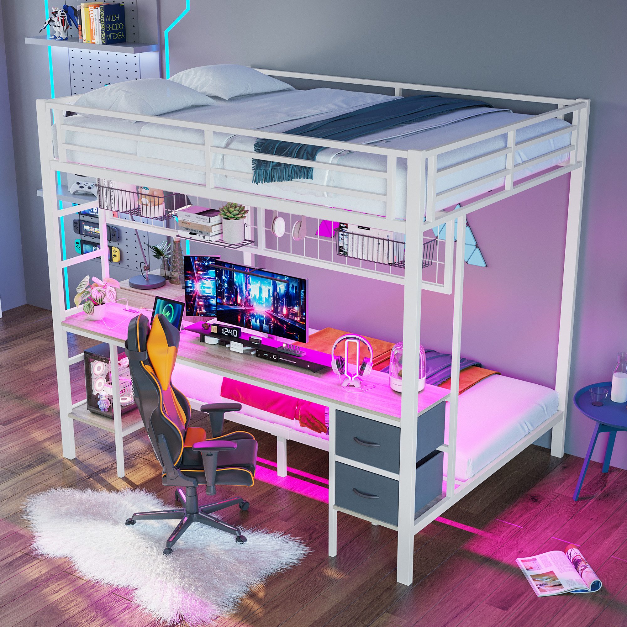 Hochbett mit schreibtisch,Etagenbett 140×200 & 90×200 mit Stauraum, LED & USB
