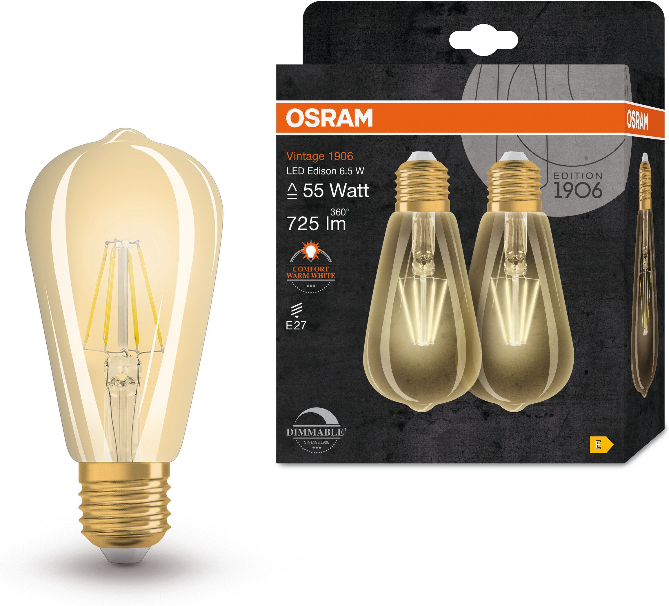 Osram LED-Filament 1906Vintage Edition goldenes Glas, E27, 2 St., Warmweiß