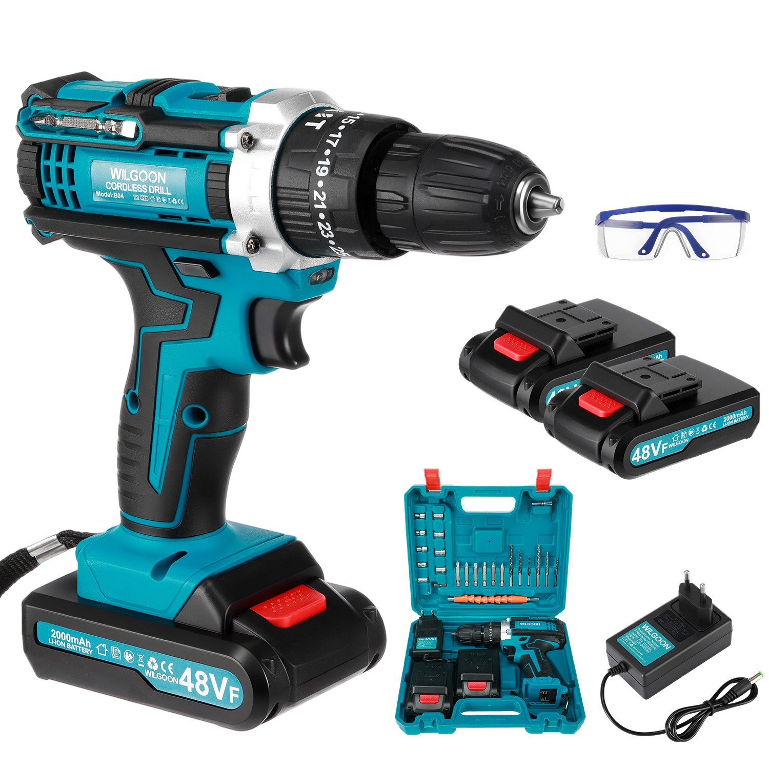 WILGOON Akku-Bohrschrauber Bohrmaschine mit 2000 mAh Doppelakku, 21 V Akkuschrauber, Schnellladen, 220-240 V, max. 1650 U/min, (Set, Drehmoment in 25+3 Stufen, 10mm Bohrfutter, LED-Licht), 3-in-1-Design, 24 Zubehörset, Leicht & Stark Für Reparatur & DIY