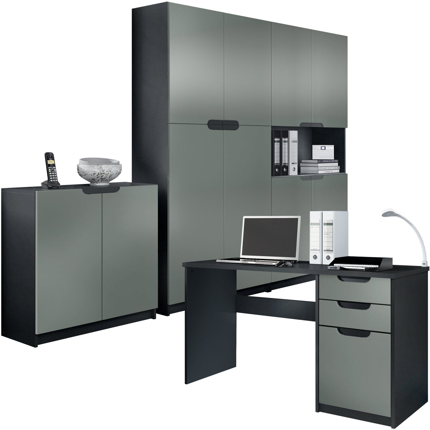 Vladon Aktenschrank Logan (Büromöbel-Set, mit 1 Schreibtisch, 2 Schränken und 1 Kommode) Schwarz matt/Graphit seidenmatt (246 x 60 x 185 cm)