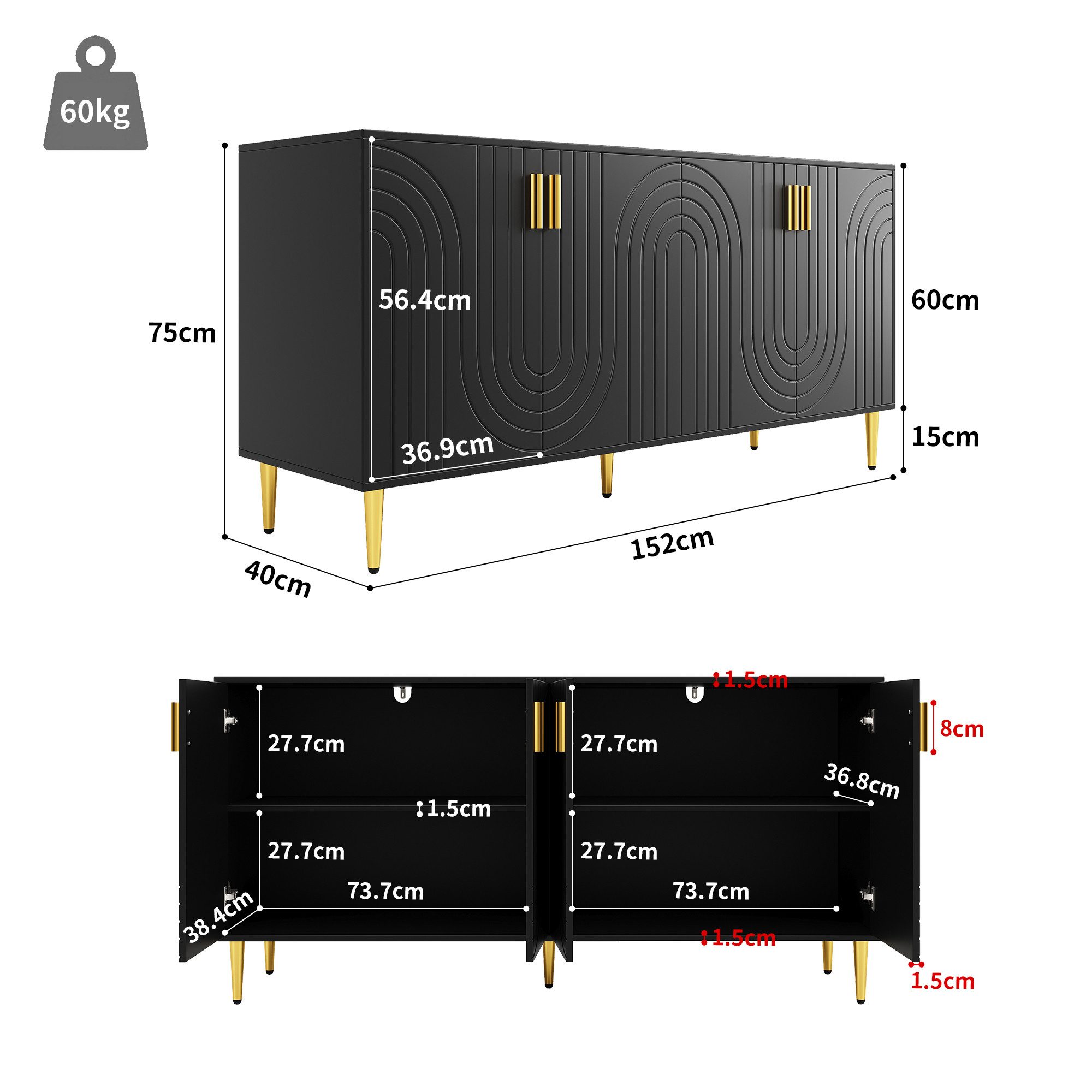 i@home Sideboard Kommode,schwarz (Packung set), mit goldenen Griffen und Füßen,152*40*75cm