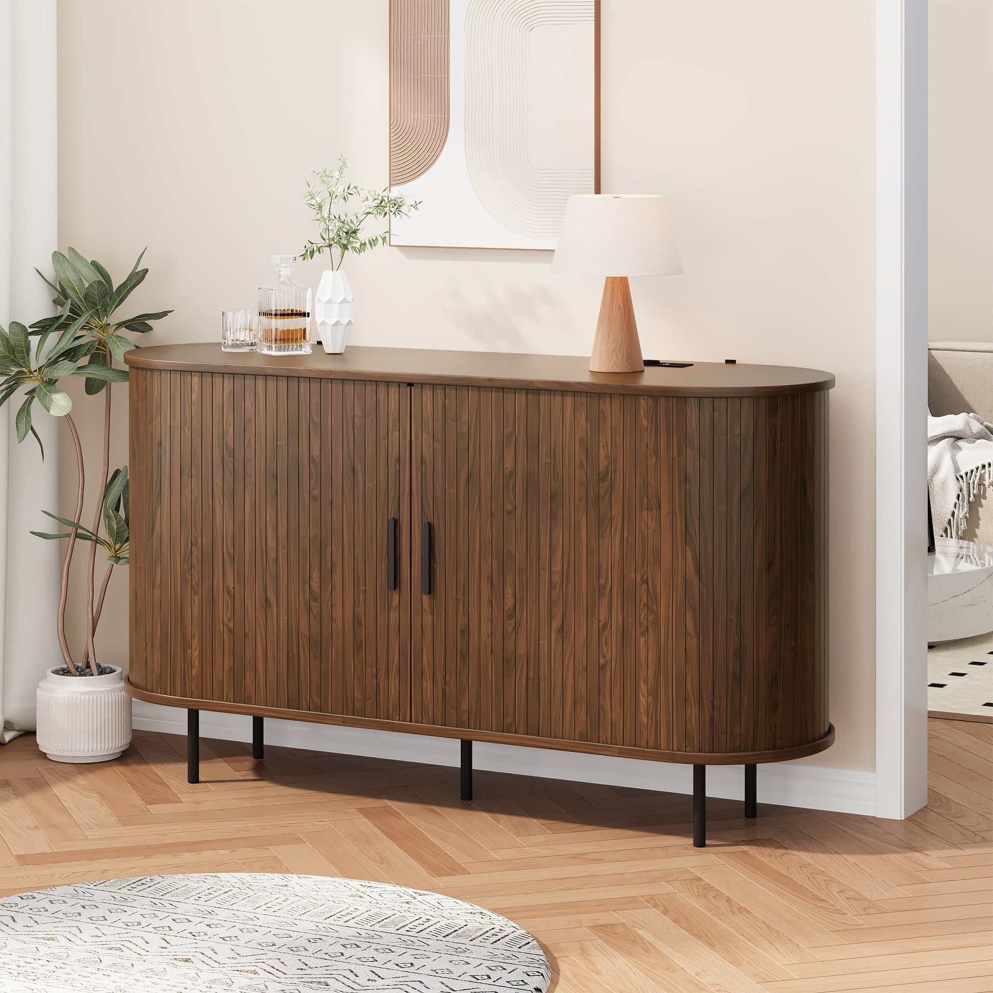 Bealife Sideboard in Holzoptik mit Rolltüren & Metallbeinen, 140x40x75cm – Bild 3 von 5