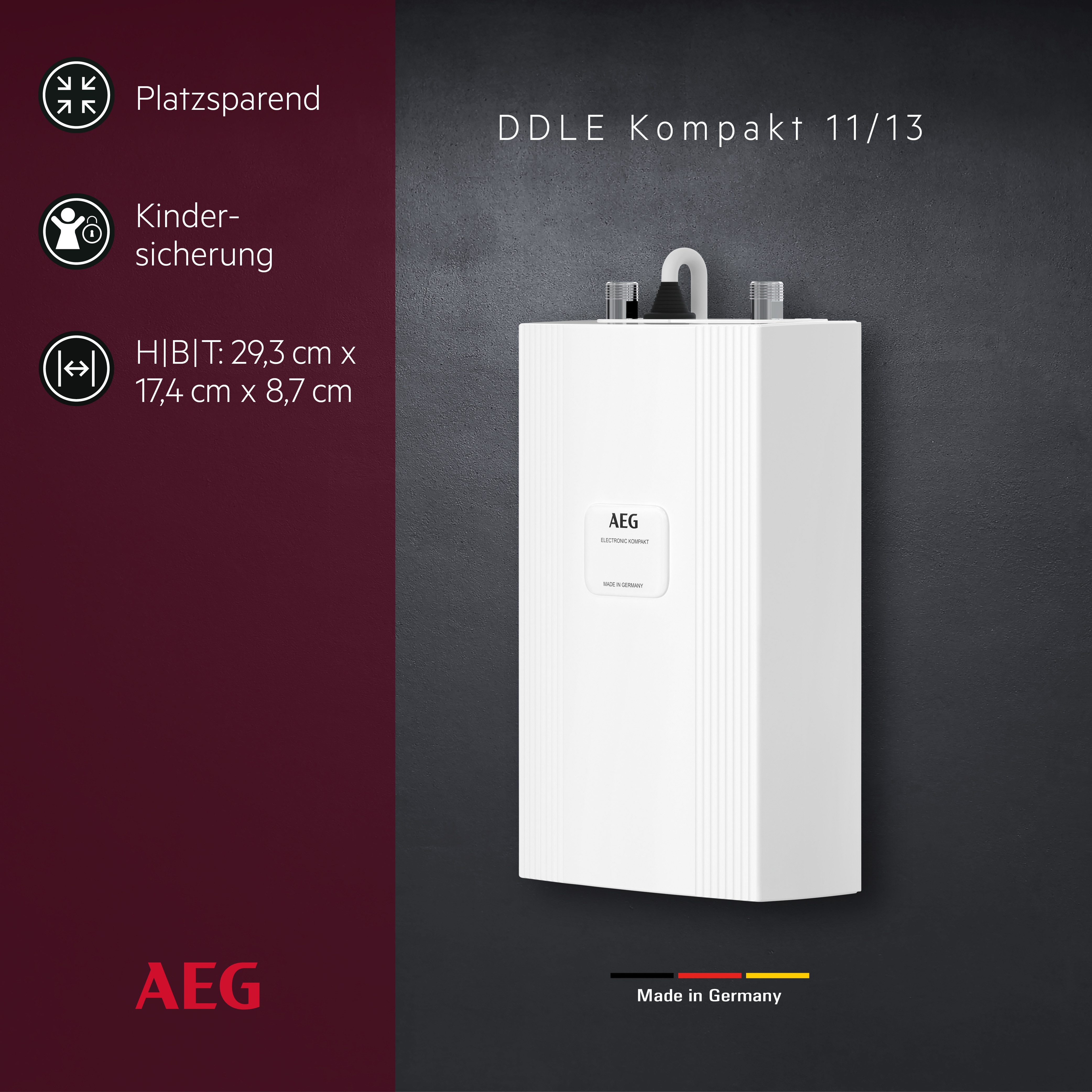 AEG Haustechnik Kompakt-Durchlauferhitzer DDLE Kompakt 11/13 kW, umschaltbar für die Küche, elektronisch, min. 20 °C, max. 60 °C, kompakt, ideal für unter die Küchenspüle