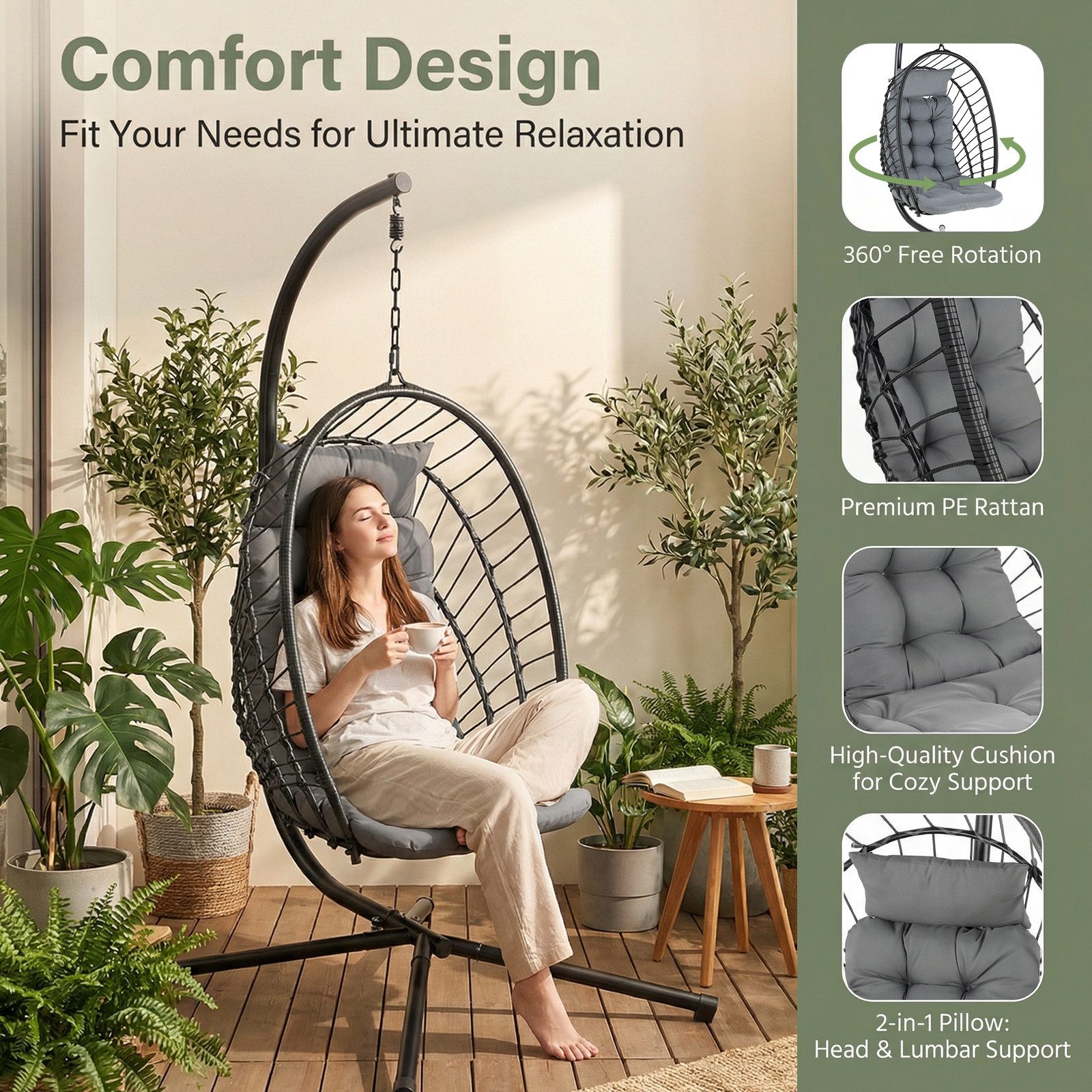 TLGREEN Hängesessel mit Gestell, Klappbarer Eiersessel, 360° Drehbar (Indoor & Outdoor Schaukelstuhl, Ergonomischer Relaxsessel mit Kissen), für Garten Balkon Wohnzimmer, Belastbar bis 160kg