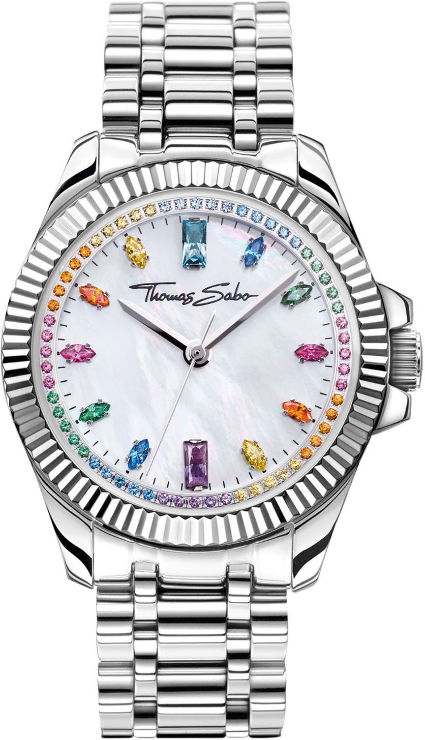THOMAS SABO Quarzuhr DIVINE RAINBOW WA0394-201-201-33 MM, Armbanduhr, Damenuhr, Zirkonia, Aquamarin, Amethyst, Edelstahlarmband