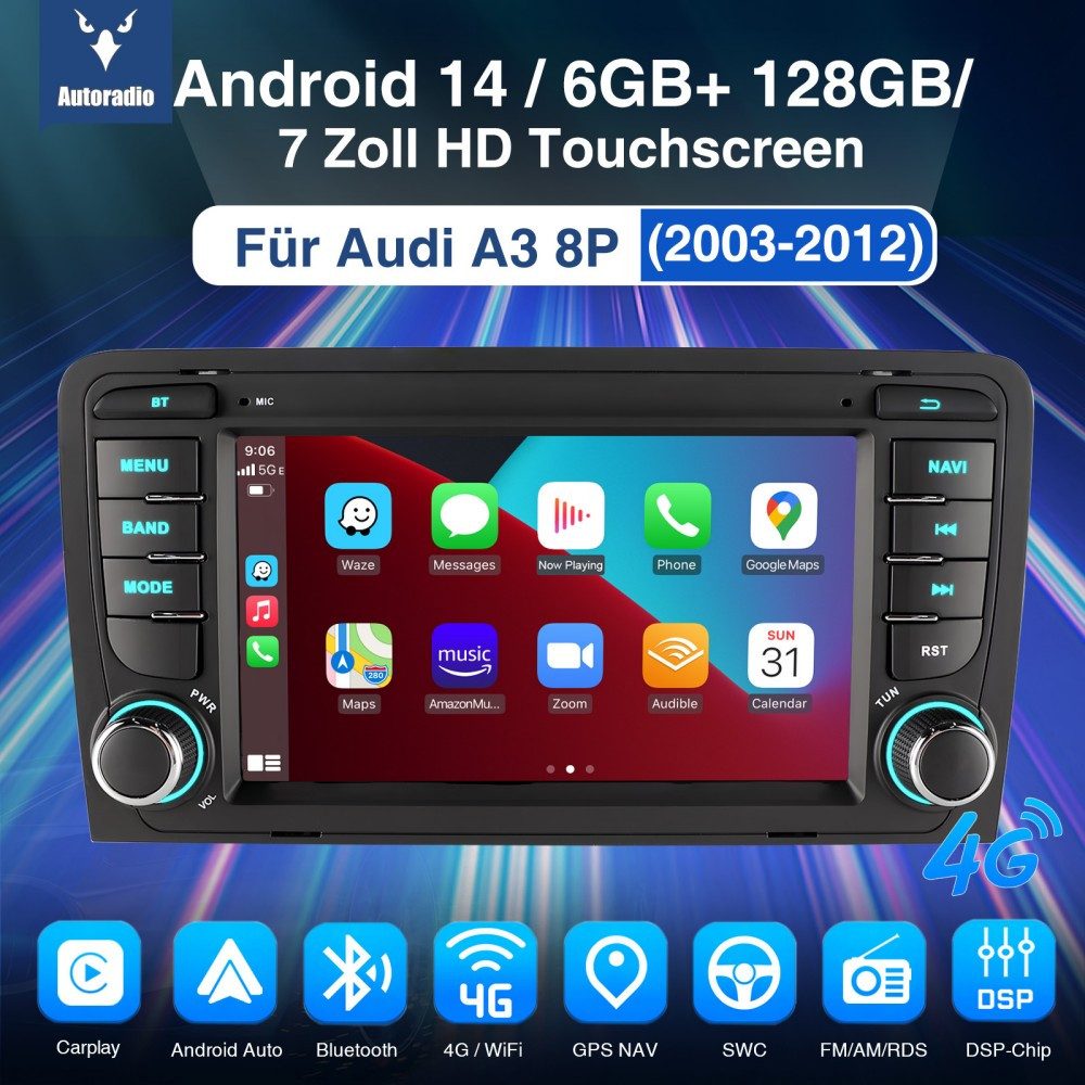 ESSGOO 8 Core Carpaly 6+128G Android 15 Für Audi A3 S3 RS3 8P 8V Autoradio Autoradio (RDS, Digitalradio (DAB), FM, AM, Carplay Android Auto SWC RDS DSP)