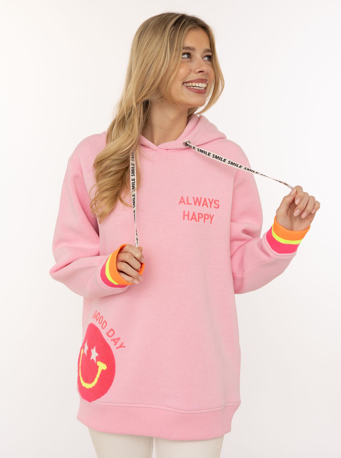 Zwillingsherz Hoodie Always Happy Smiley aus Frottee, Neon-Details, Kapuze, Langarm