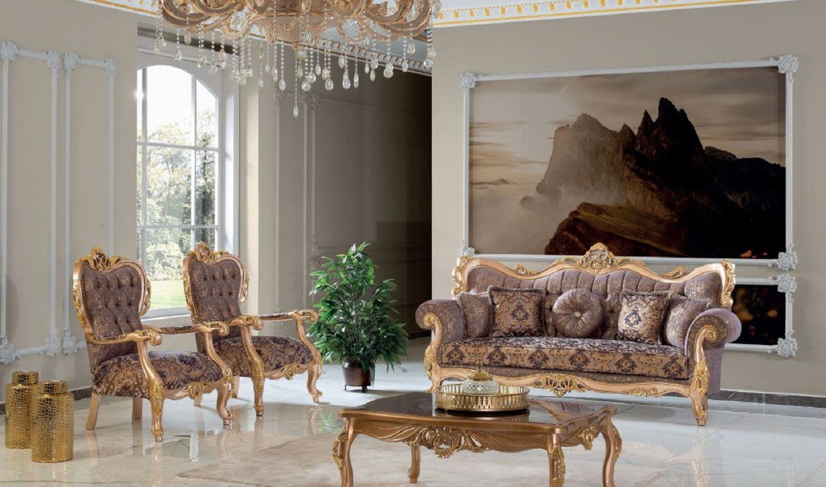elegantem Muster Wohnzimmer / H. 123 Barock Möbel Barock Grau Luxus 90 80 - Sessel cm Padrino Prunkvoll / Gold mit Lila & x Edel Casa Sessel x - Handgefertigter Wohnzimmer - Sessel