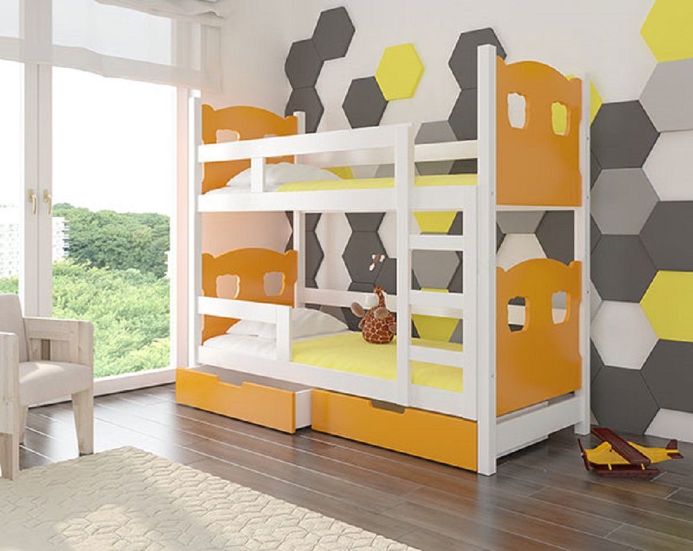 Feldmann-Wohnen Hochbett MARABA (Etagenbett mit 2 Schlafgelegenheiten) Farbe wählbar Kiefer weiß / Absetzungen: orange