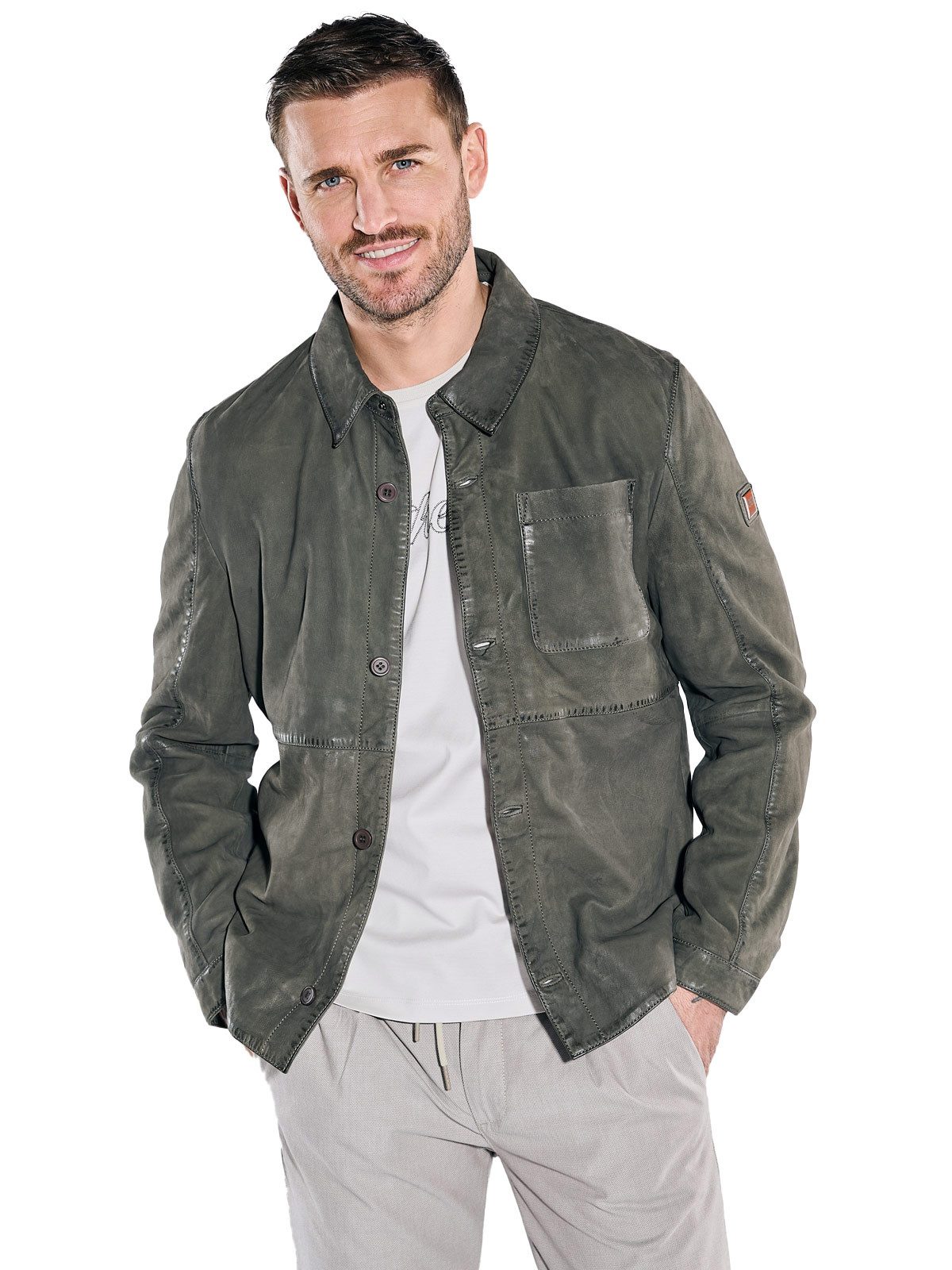 emilio adani Lederjacke Herren Lederjacke in Hemd-Optik, Oliv