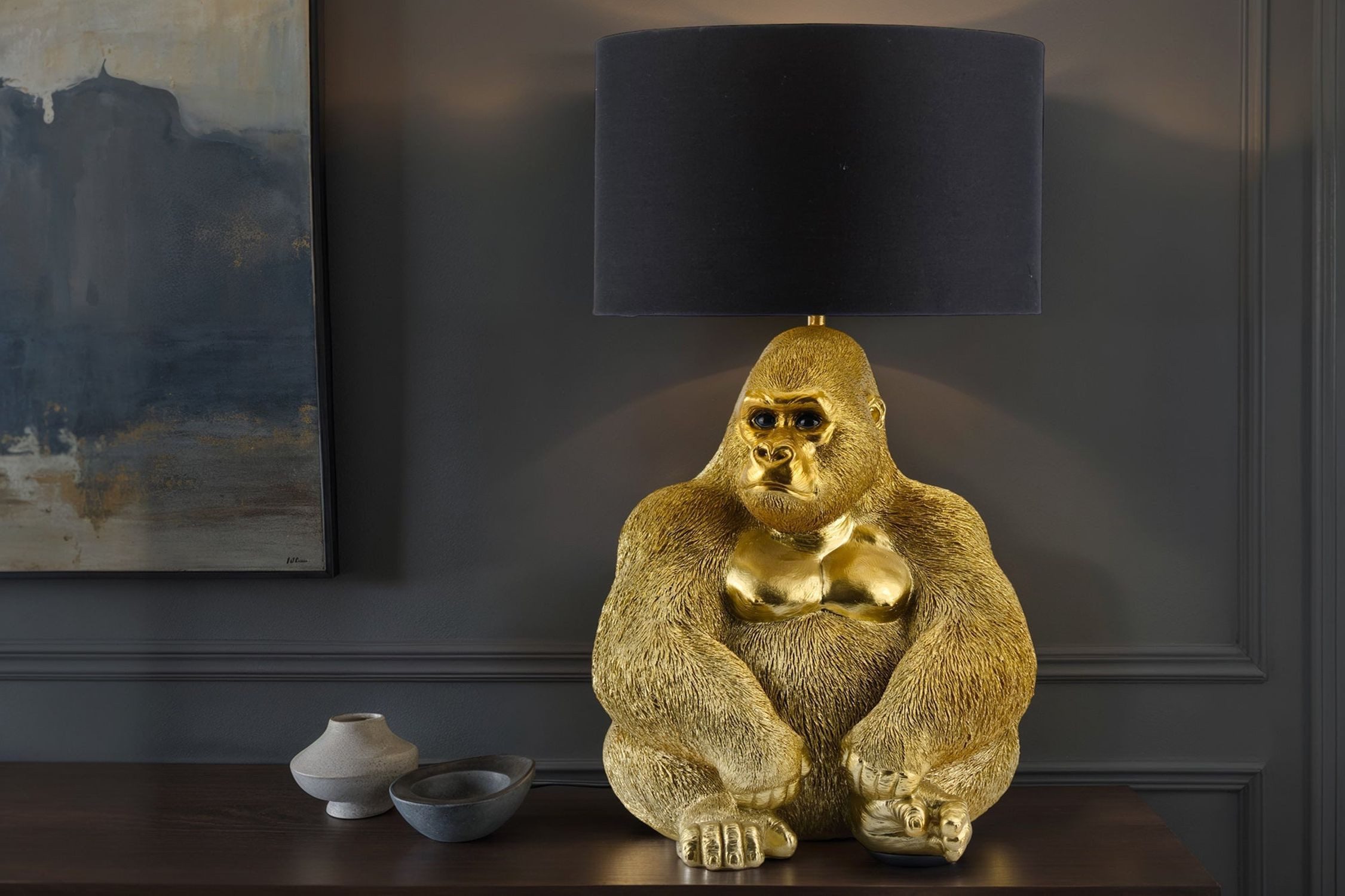 Licht-Erlebnisse Nachttischlampe NORCIA, ohne Leuchtmittel, Affe Statue 54 cm in Gold Schwarz Handarbeit E27 Polyresin Stoff