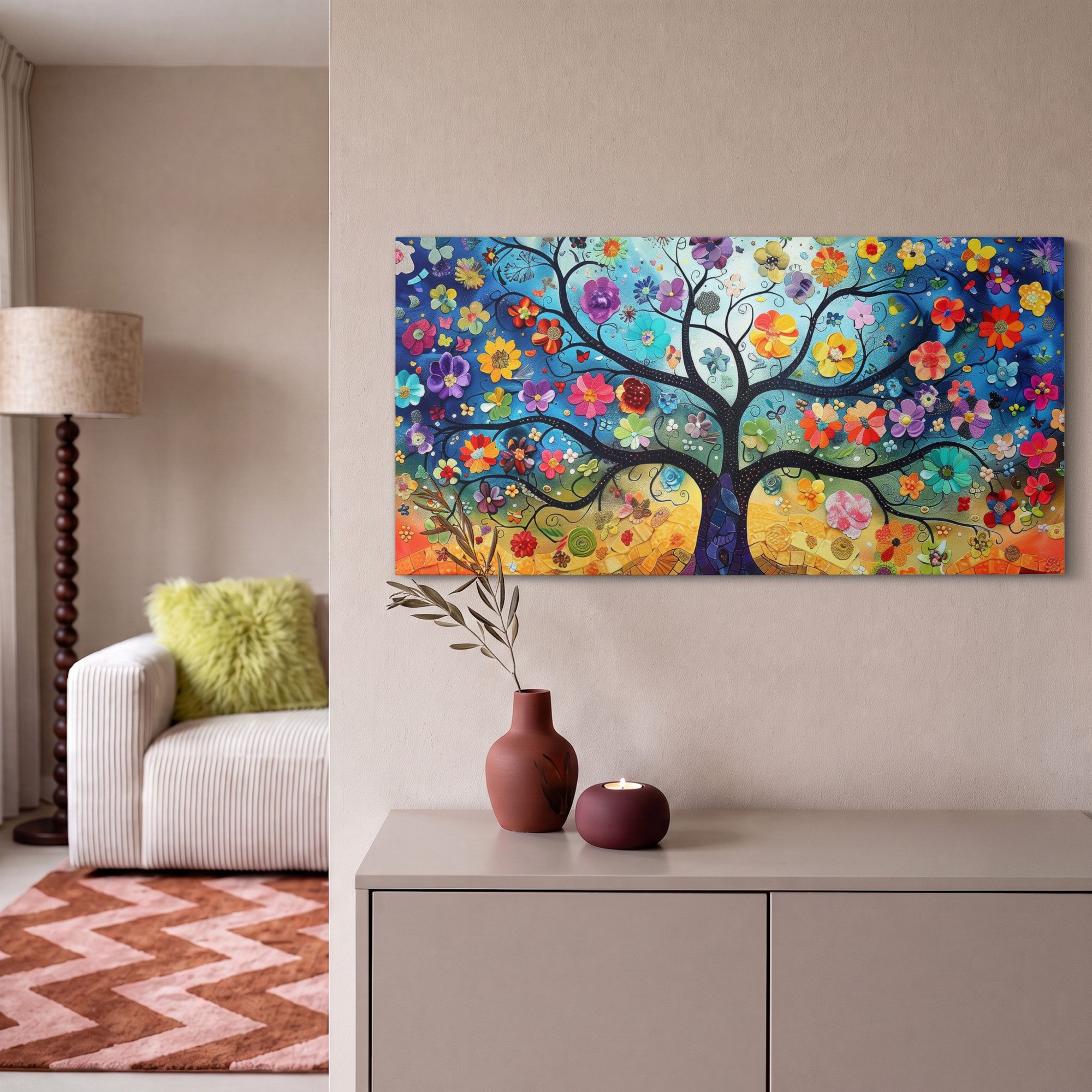 OneMillionCanvasses® Leinwandbild Panorama Baum - Bunt - Blumen - Kunst - Abstrakt, Fotodruck (1 St), Wandbild, Deko Schlafzimmer Wohnzimmer Flur 40x20 cm – Bild 2 von 5