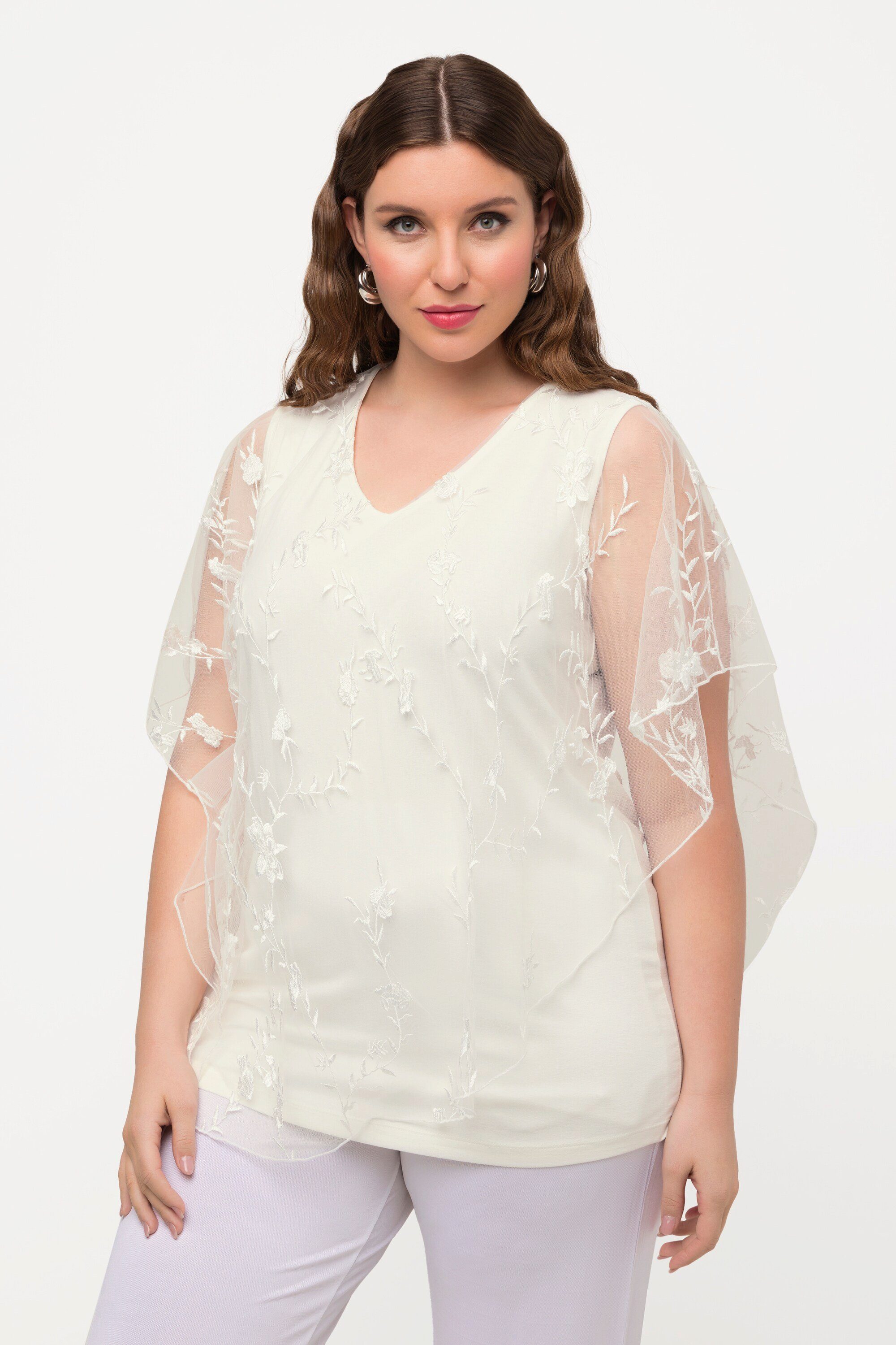 Ulla Popken Longbluse Bluse Spitzenüberwurf V-Ausschnitt günstig online kaufen