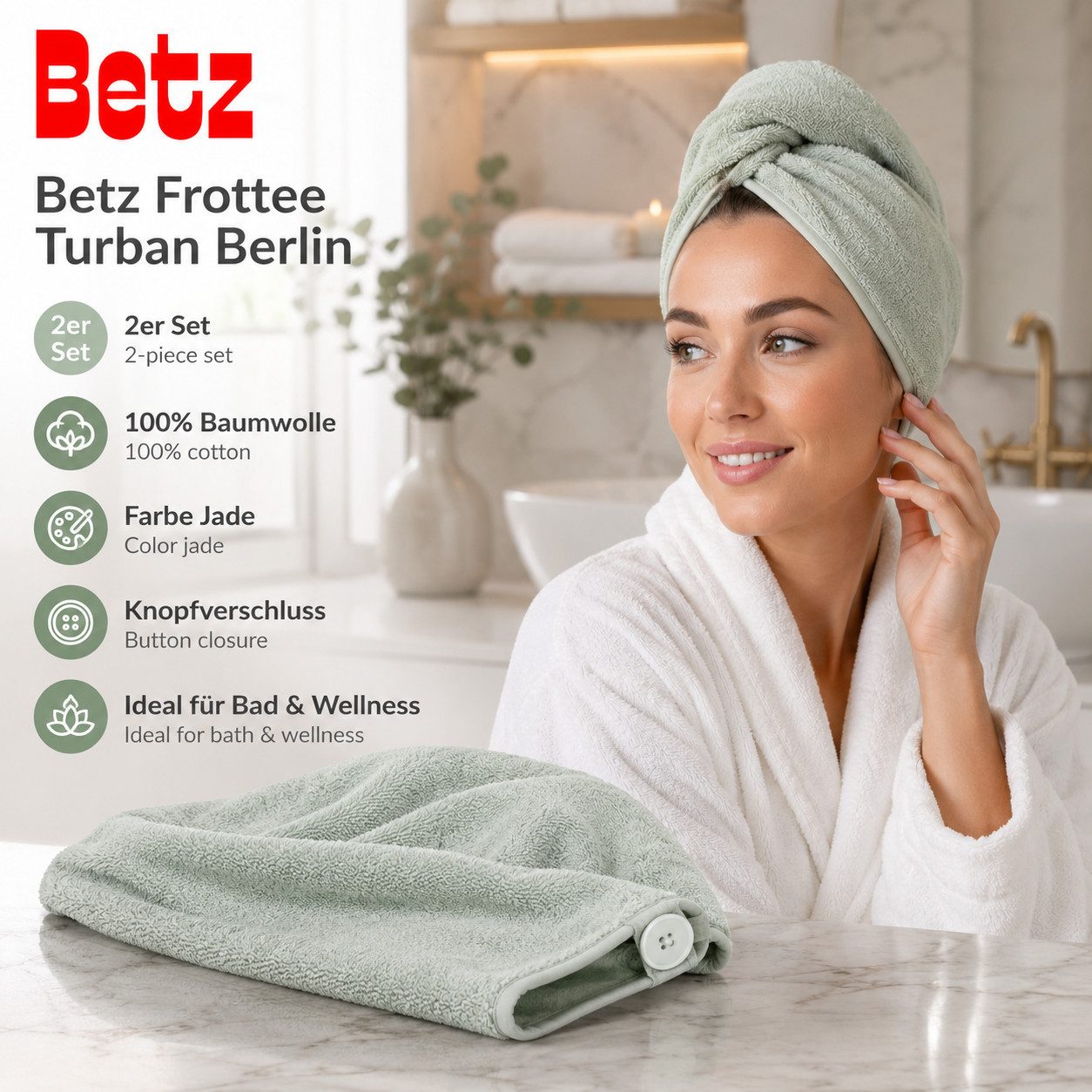 Betz Turban-Handtuch mit Knopf BERLIN Kopfhandtuch Haarturban, (2-St), mit Knopfverschluss