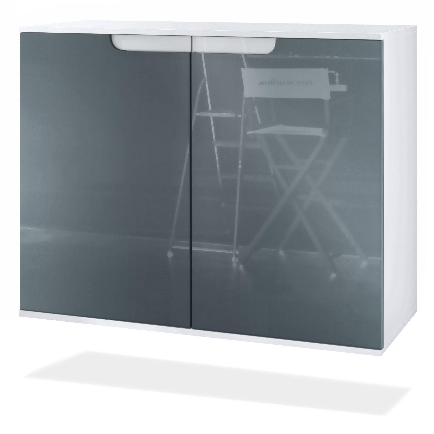 Vladon Kommode Sylt V3 (Moderner Küchenschrank, mit 2 großen Türen), Weiß matt / Grau Hochglanz (92,5 x 73.5 x 35)