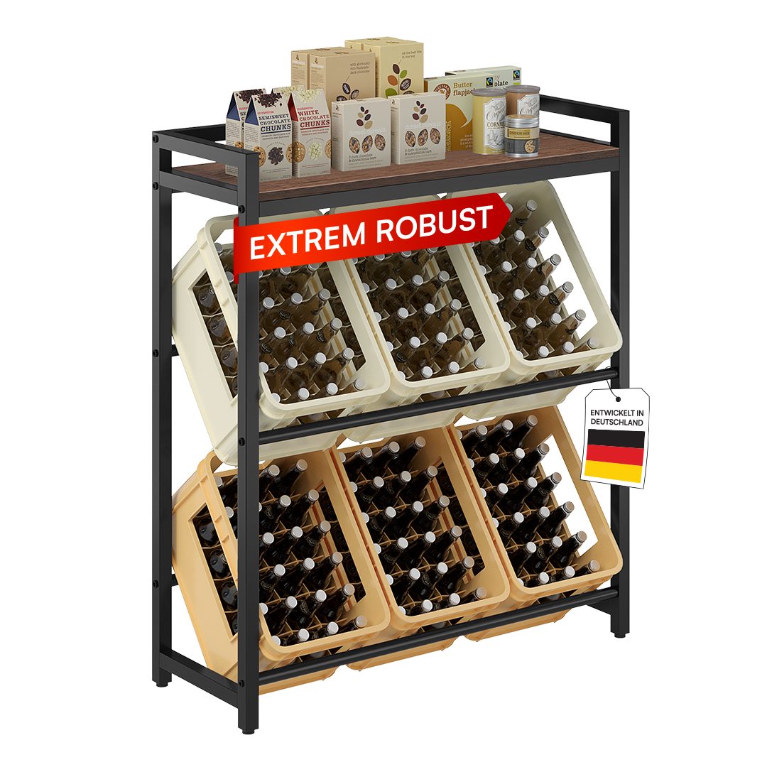 STEELSØN Flaschenregal Astris für 6 Getränkekisten mit MDF-Platte, kompakt & platzsparend, mit brauner MDF-Ablagefläche, stablies Getränkekistenregal mitMetallgestell für Kisten & Obst