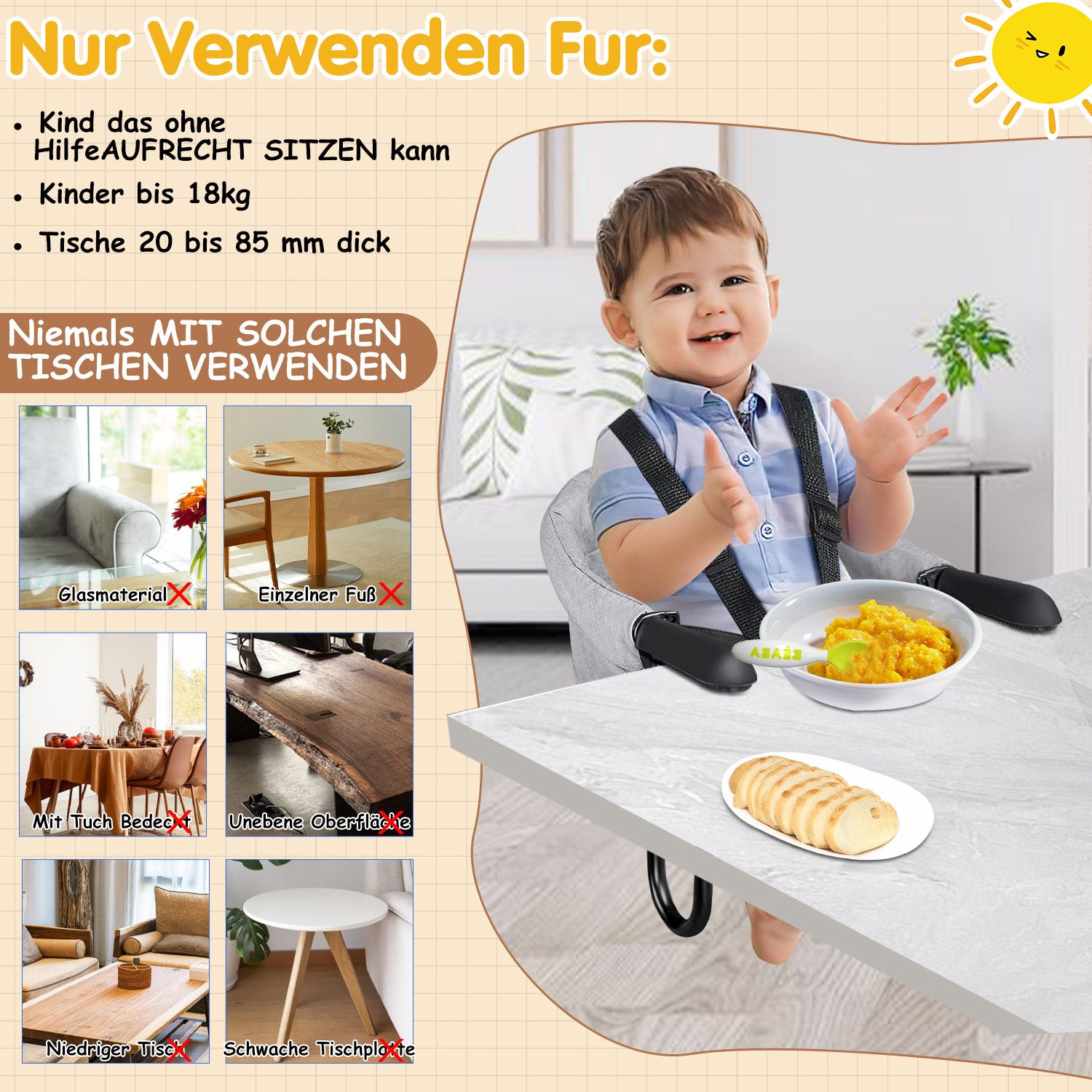 Clanmacy Tischsitz Tischsitz Baby klappbar bis 18 kg mit 7-Punkt-Gurt und Tasche Grau, mit 7-Punkt-Gurt