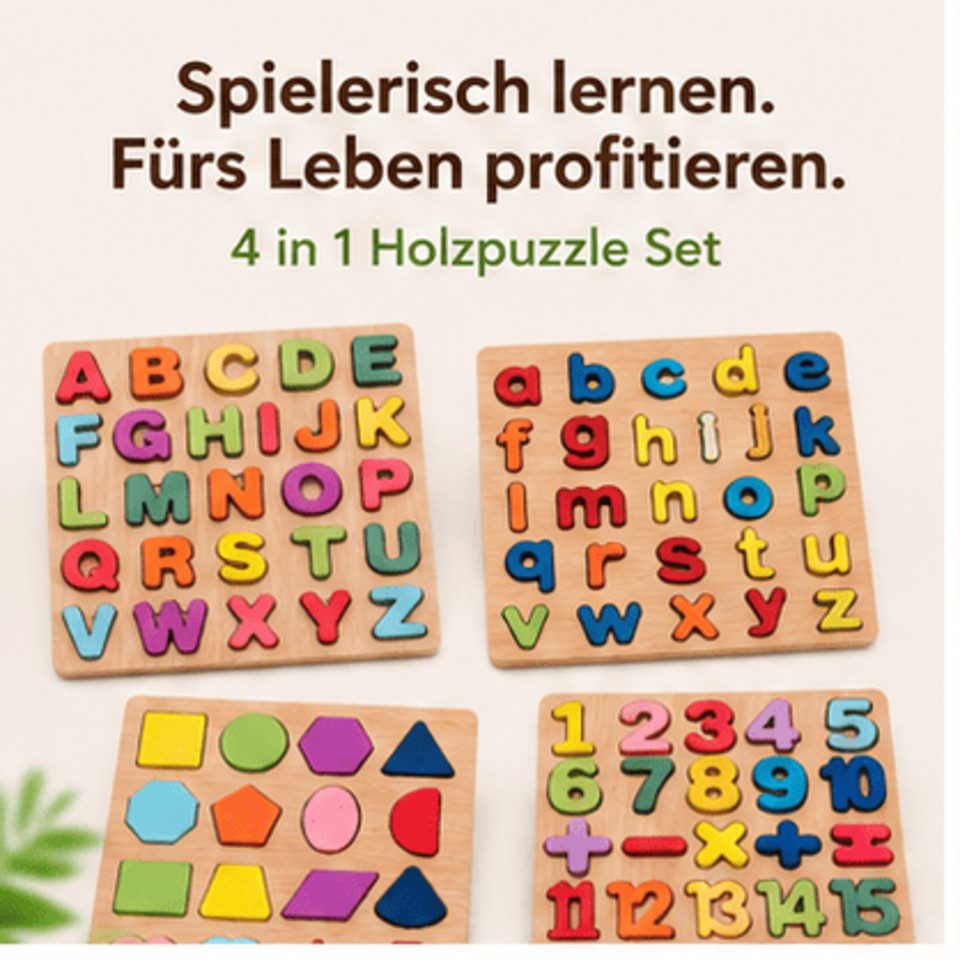 White Fox Studio Steckpuzzle 4er Montessori Puzzle Set – ABC, Zahlen & Formen, Lernspiel aus Holz, 93 Puzzleteile, Erst Motorik, dann Buchstaben und Zahlen lernen