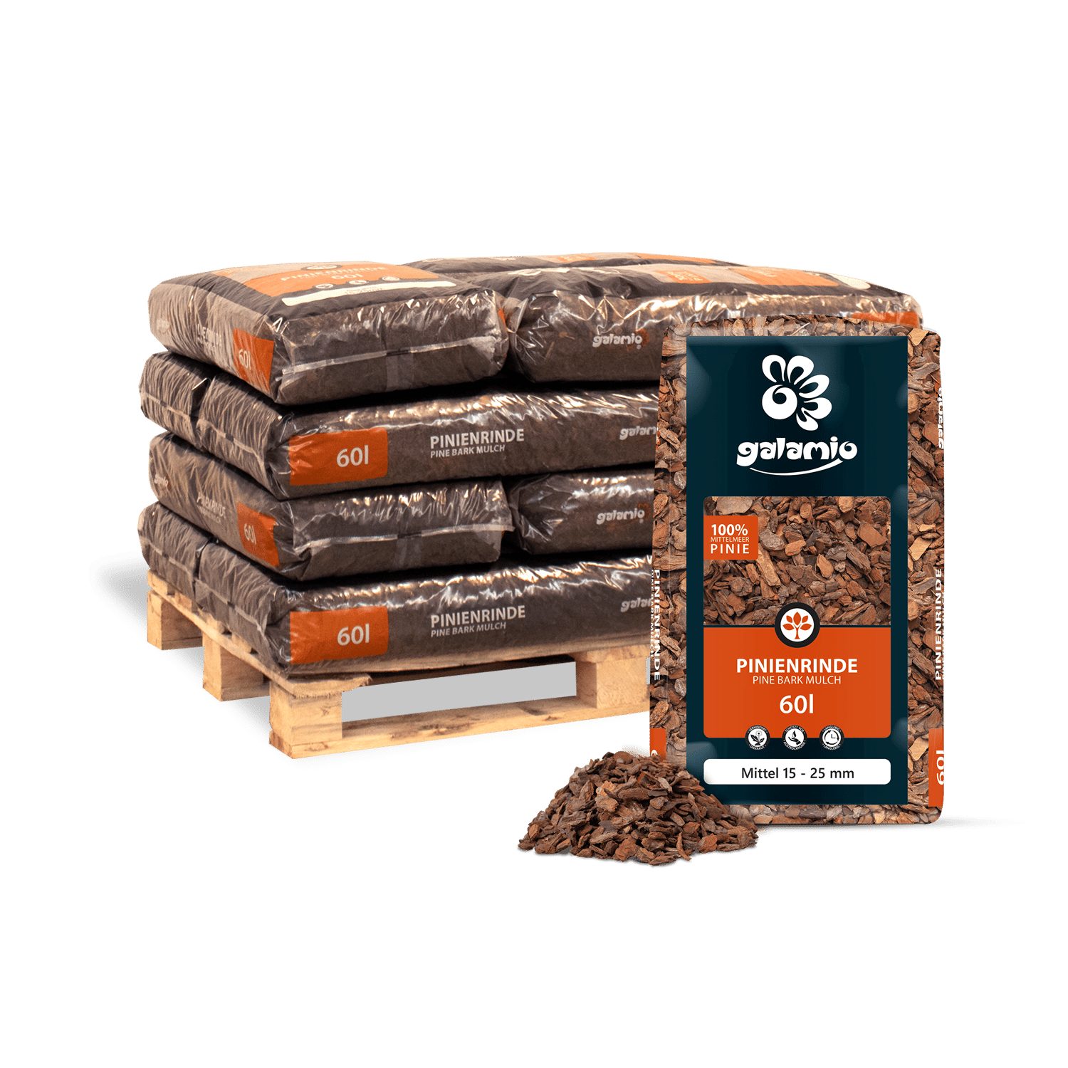 GALAMIO Pinienrinde Rindenmulch Pinie Mittel 15-25 mm, (Palette, 12-St)