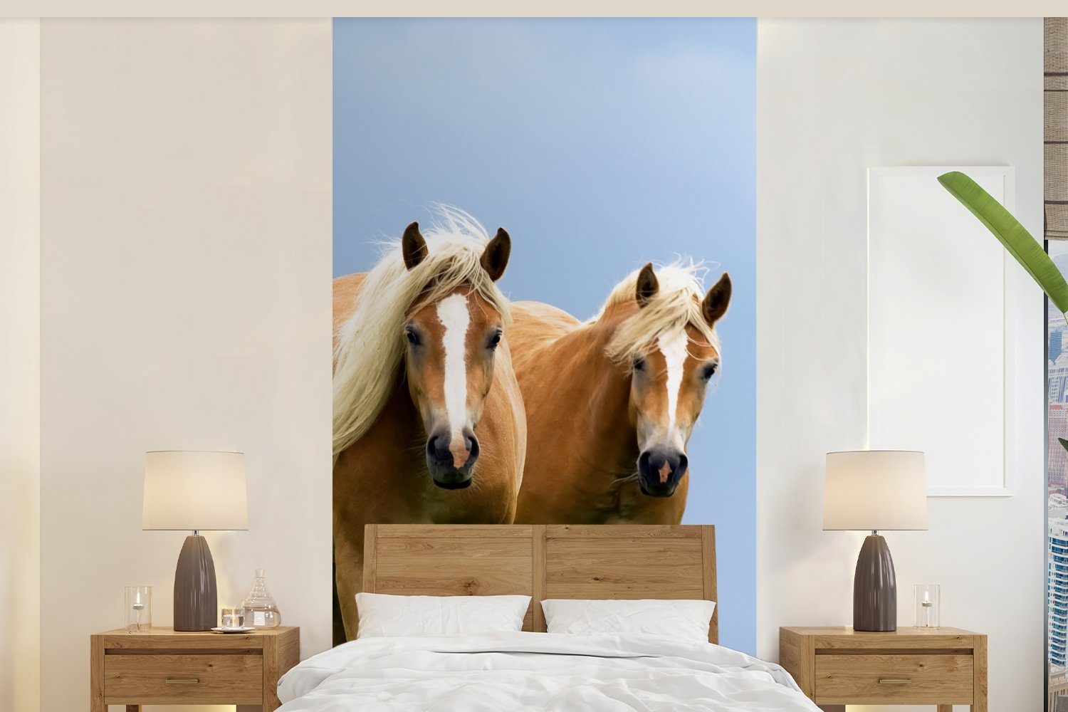 MuchoWow Fototapete Pferde - Gras - Luft, Matt, bedruckt, (2 St), Vliestapete für Wohnzimmer Schlafzimmer Küche, Fototapete