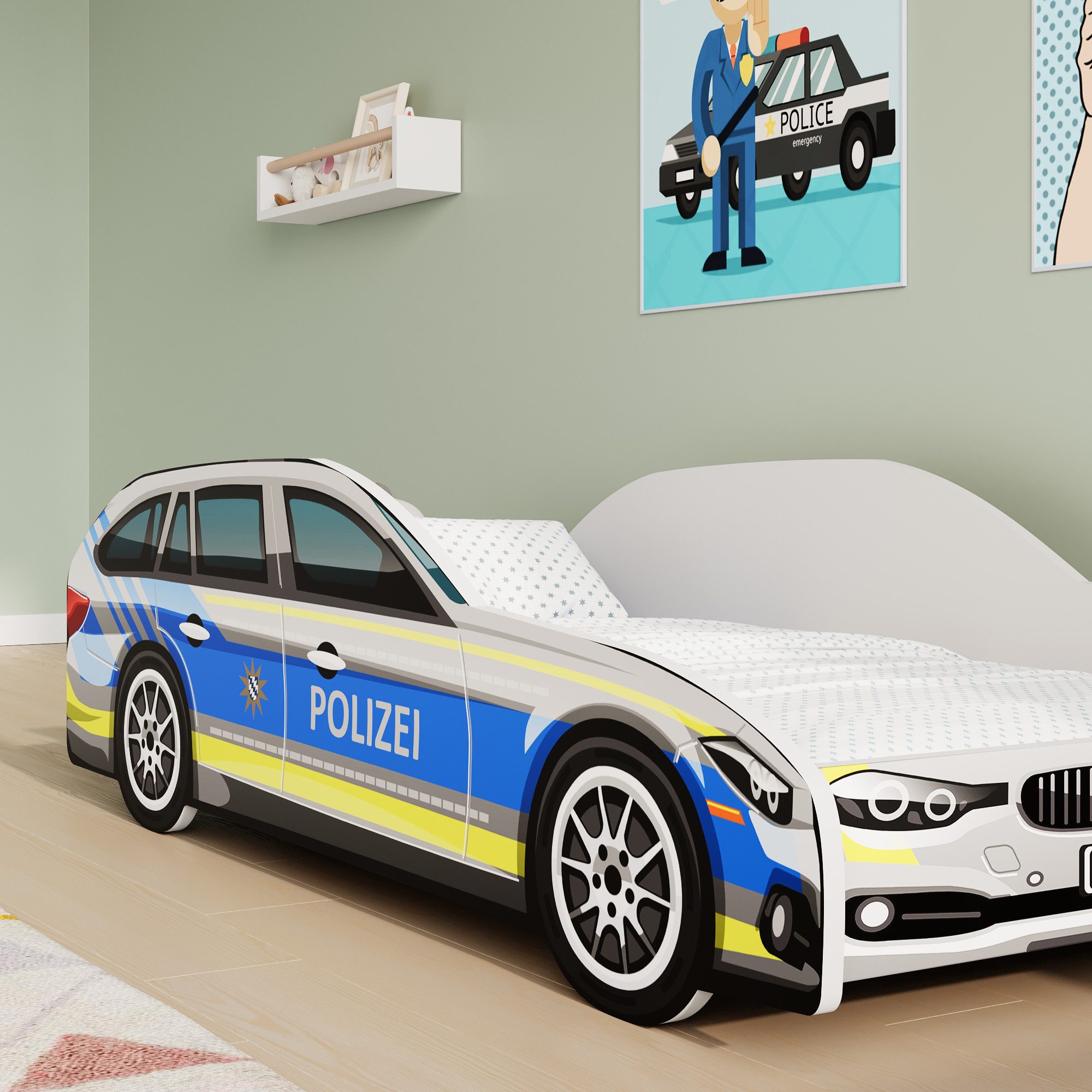Kids Collective Autobett Kinderbett Jugendbett 70x140 und 80x160 cm Polizei Motiv, mit Rausfallschutz Kinder Spielbett 70x140 cm
