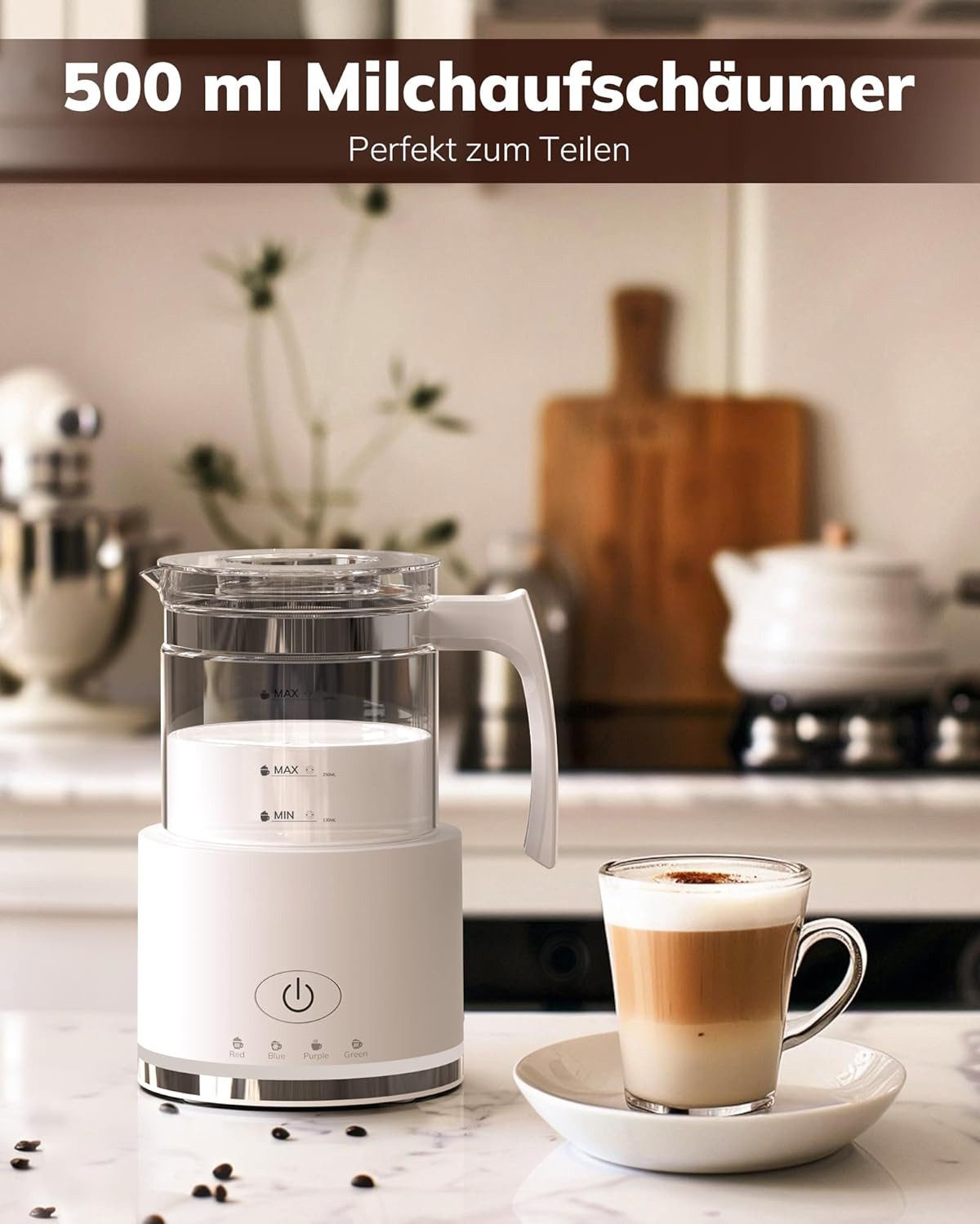 Topcony Milchaufschäumer Elektrisch, 4 in 1 Milchschäumer für Heißer und Kalter, 500ml, 600 W, Spülmaschinenfest, Visuelles Glas, Latte-Design, Weiß