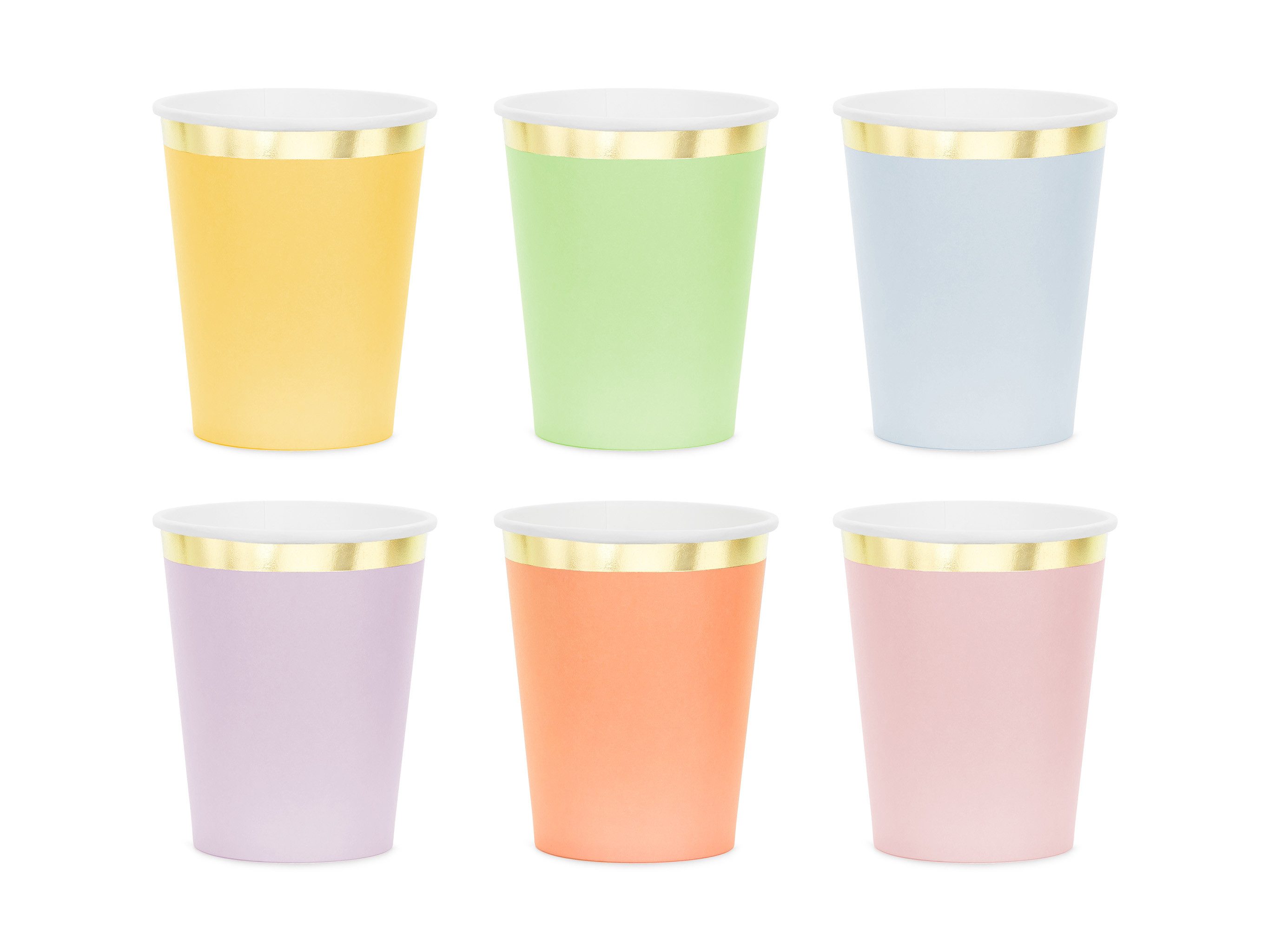 partydeco Becher, Papier, Pappbecher 220ml mit Goldrand 6er Set Bunt Pastell / Gold